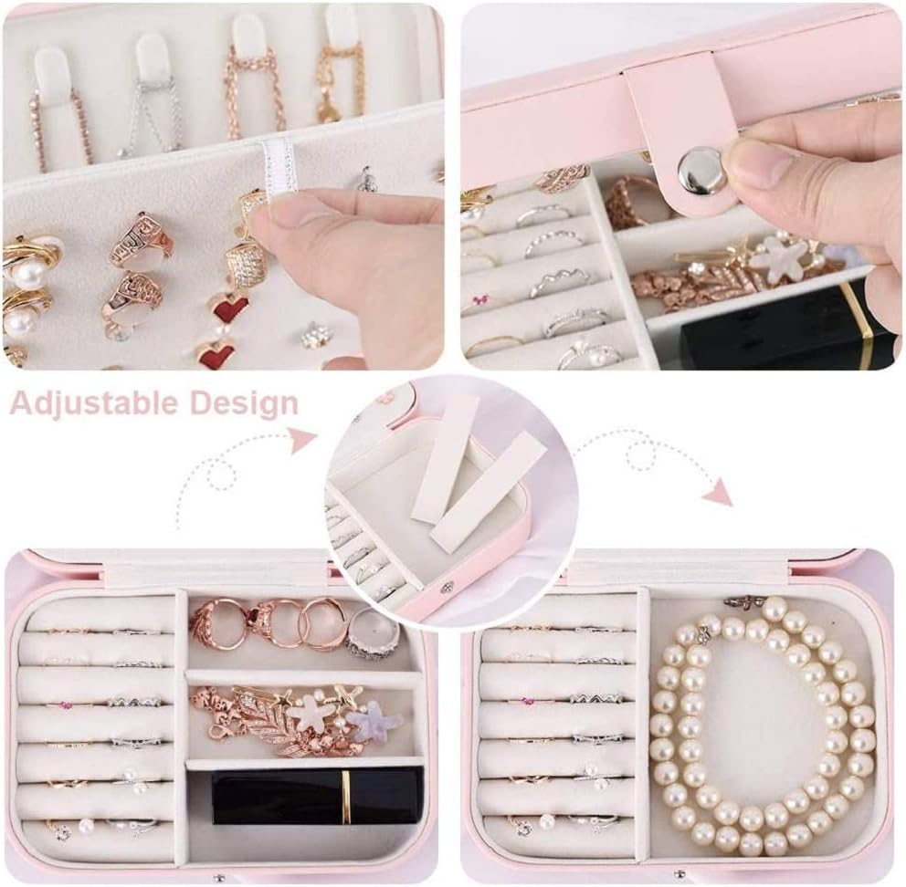 Small Jewelry Box, Travel Jewelry Organizer Portable Jewelry Storage Case for Necklace Earring Rings, Double Layer PU Leather Mini Jewelry Gift Box for Girls Women, Pink