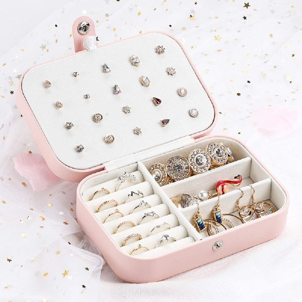 Small Jewelry Box, Travel Jewelry Organizer Portable Jewelry Storage Case for Necklace Earring Rings, Double Layer PU Leather Mini Jewelry Gift Box for Girls Women, Pink