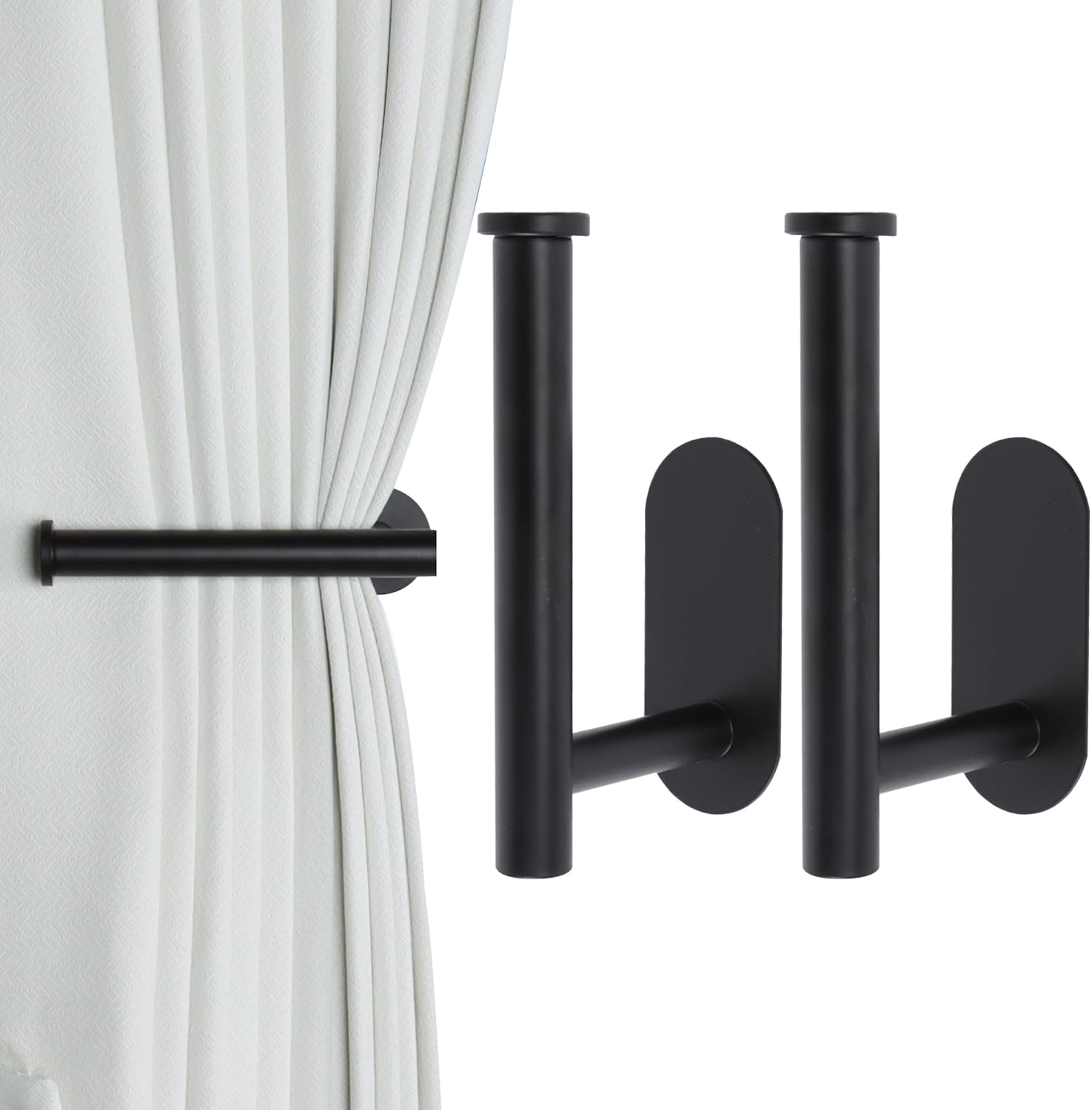 2 Pack Adhesive Curtain Holdbacks - No Drill Curtain Tie Backs & Pull Backs Curtain Holders for Drapes 2, Black