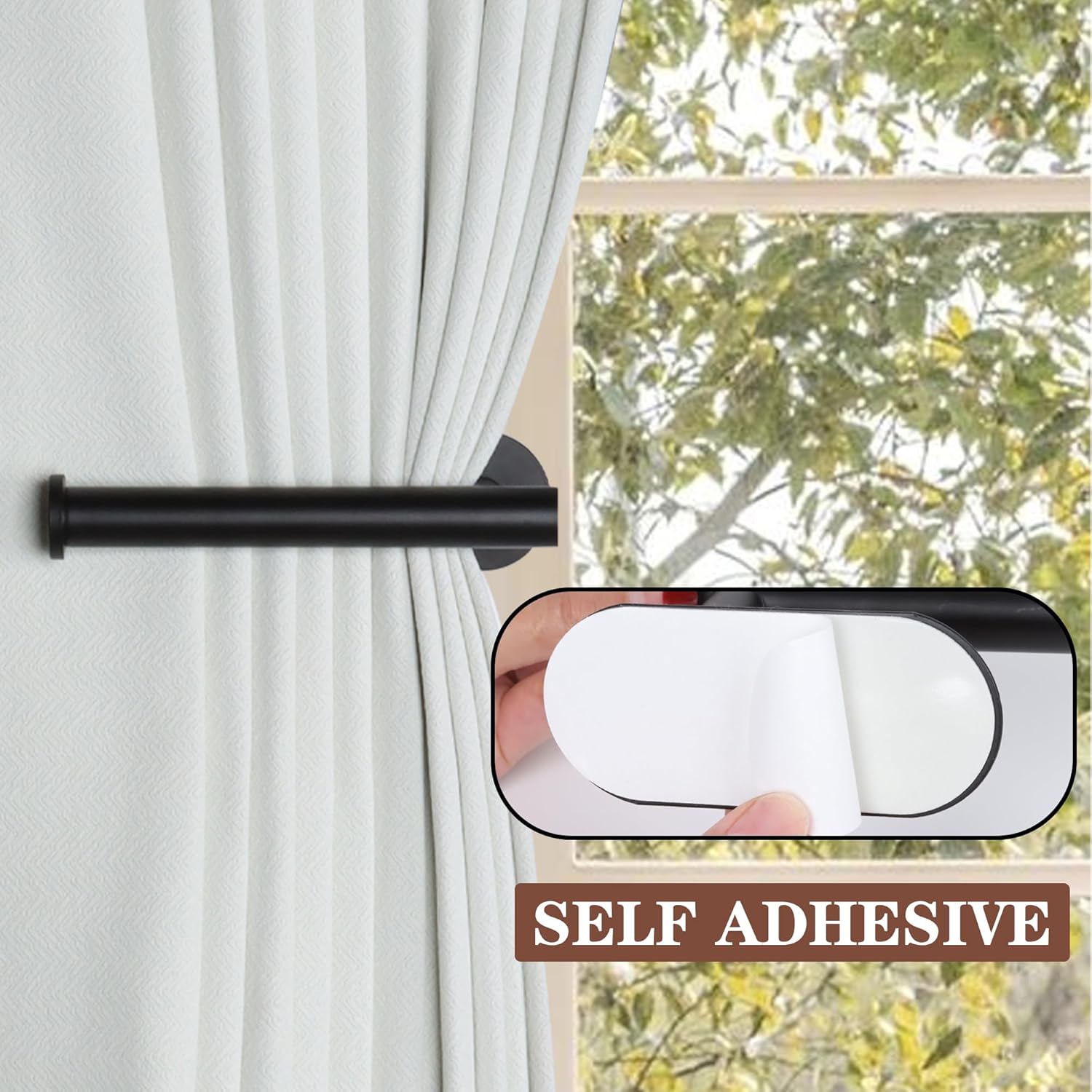 2 Pack Adhesive Curtain Holdbacks - No Drill Curtain Tie Backs & Pull Backs Curtain Holders for Drapes 2, Black