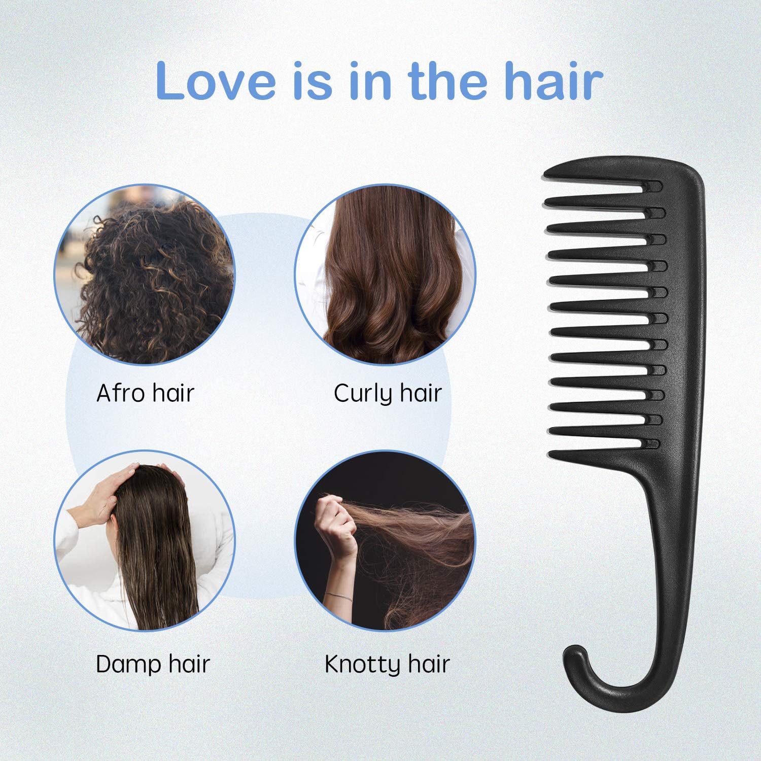 Wide Tooth Comb Shower Comb With Hook, Good for Curly Hair Wet Dry, Premium Tangle Free Combs Black.