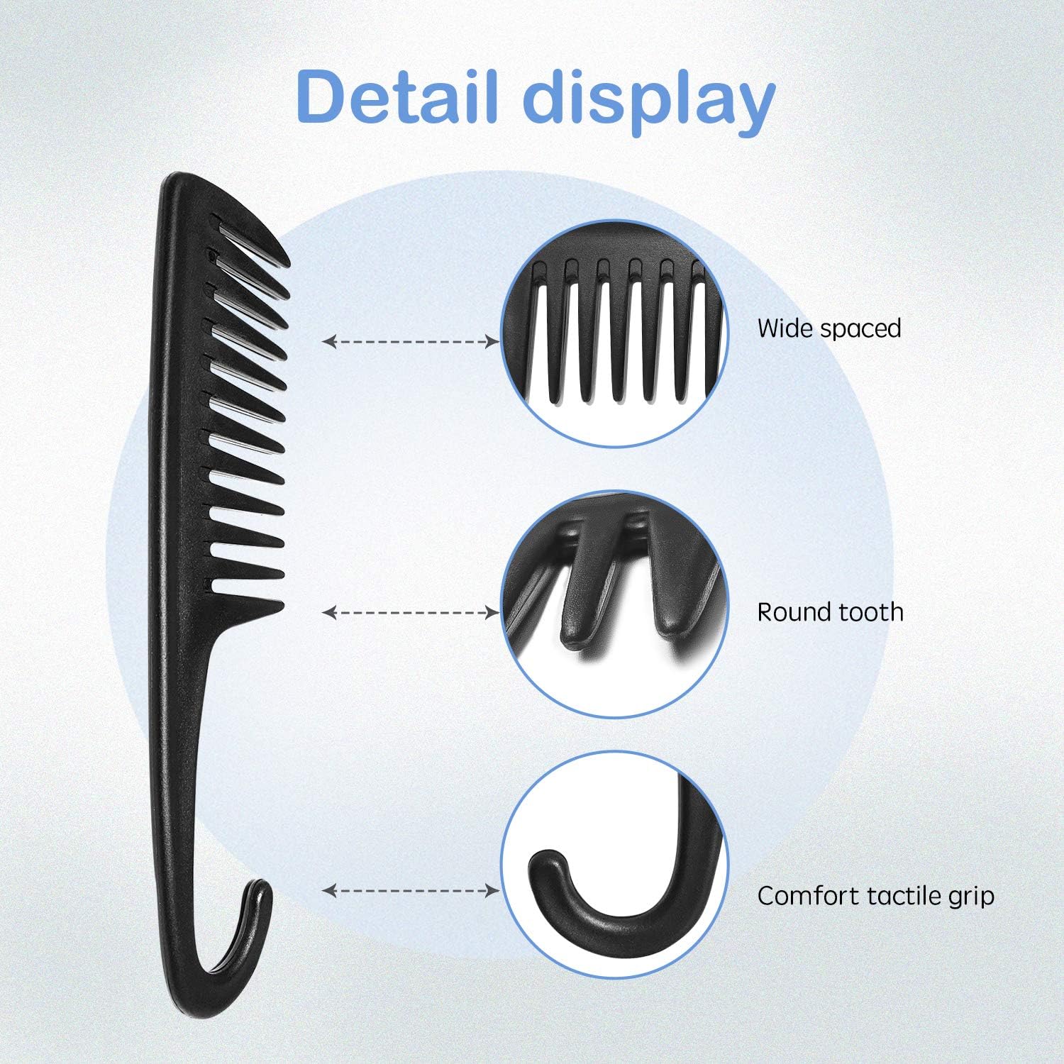Wide Tooth Comb Shower Comb With Hook, Good for Curly Hair Wet Dry, Premium Tangle Free Combs Black.