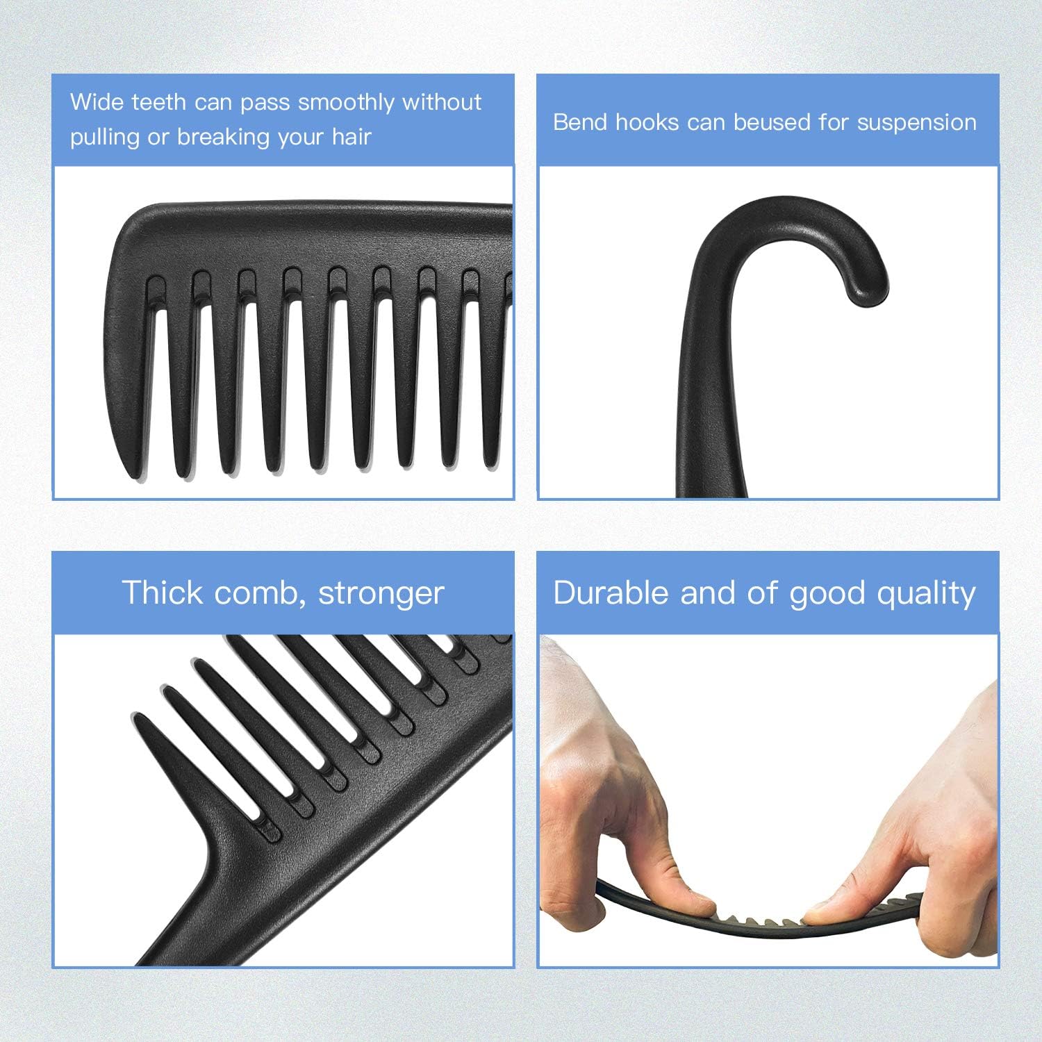 Wide Tooth Comb Shower Comb With Hook, Good for Curly Hair Wet Dry, Premium Tangle Free Combs Black.