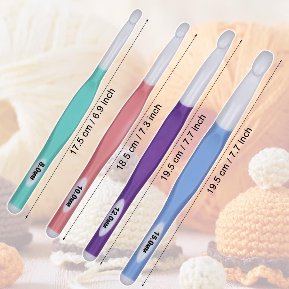 Large Sizes Crochet Hooks 4 pcs Long Crochet Needles 8mm 10mm 12mm 15mm Rubber Handle Crochet Hook Set DIY Yarn Weaving Tools for Knitting Blankets, Shawl and Carpet