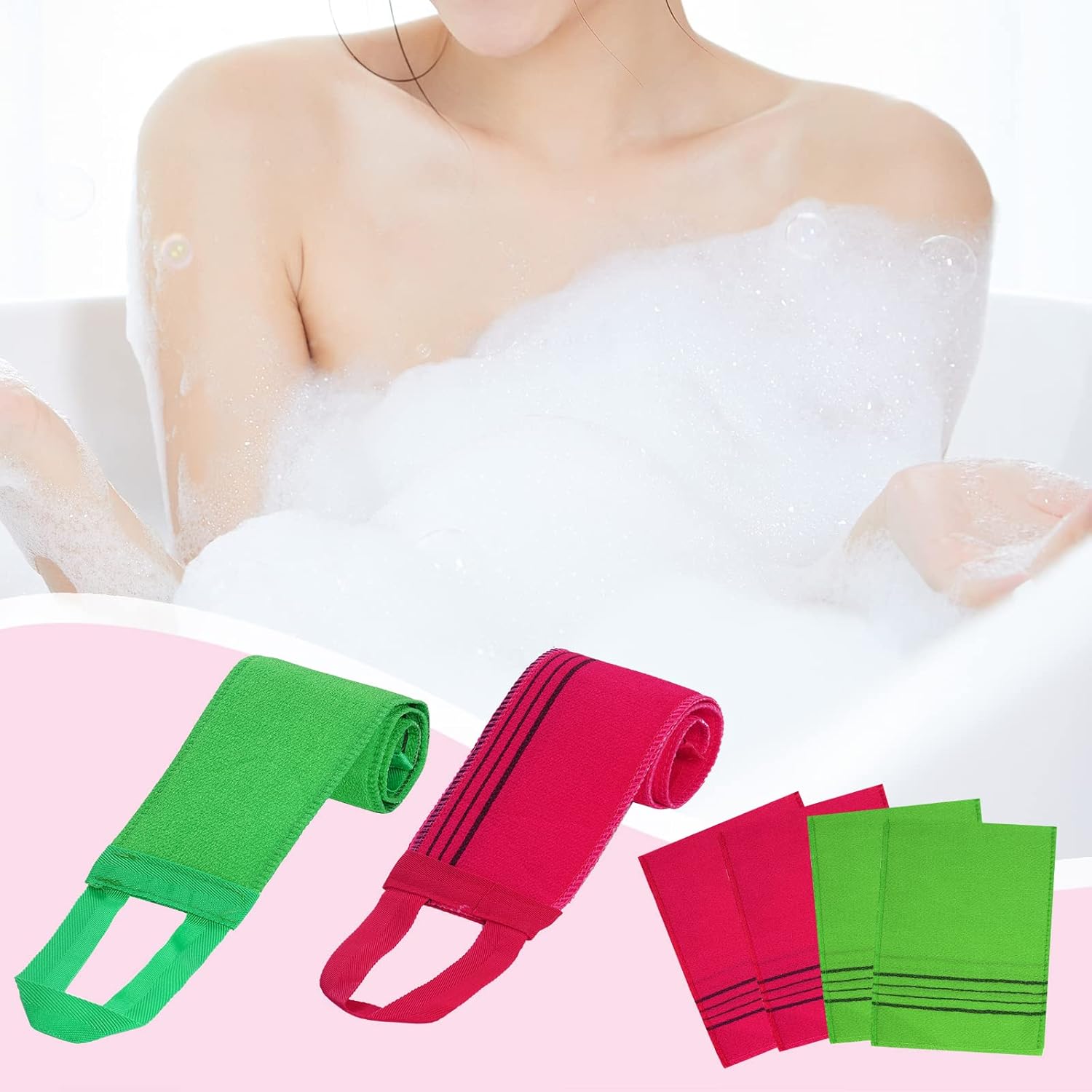 6 Pieces Korean Exfoliating Mitts and Washcloth Set, Asian Exfoliating Bath Washcloth and Korean Long Towels Back Scrubber for Women Men Shower Washing