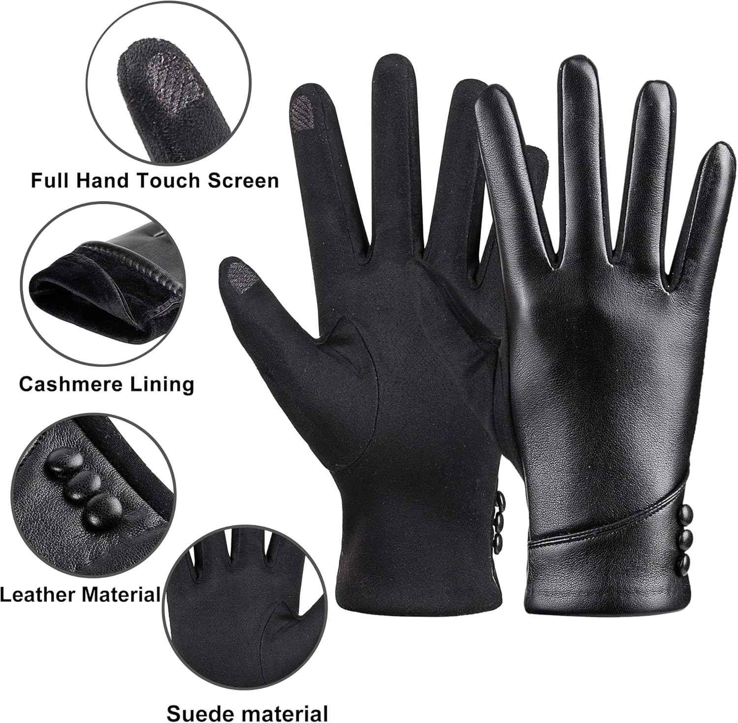 Womens Winter Leather Gloves Touch Screen Wool Lined Windproof Warm Suede Fashion Dress Gloves