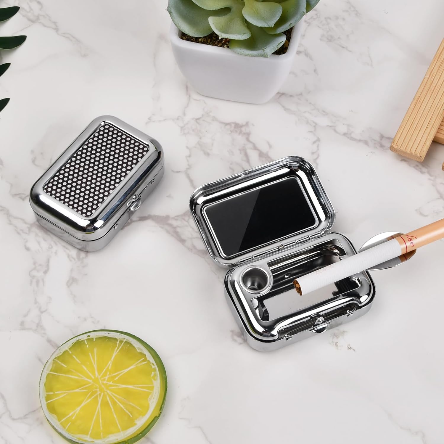 Pocket Ashtray, Portable Mini Ashtray, Stainless Steel Ashtray Windproof Ashtray with lid for Home Office Patio Outdoor Car Travel Camping Picnic Hiking Beach Fishing Cigarette Black