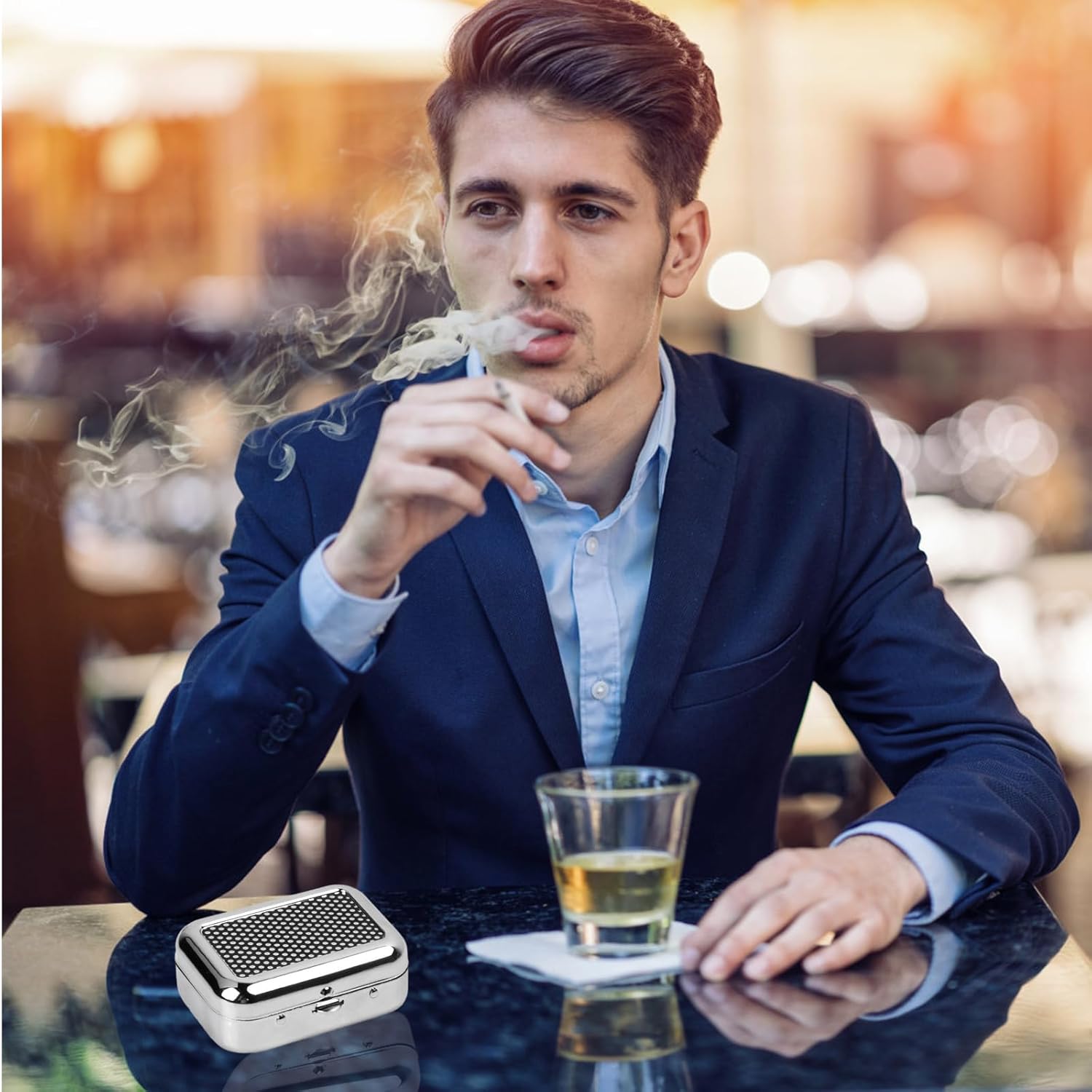 Pocket Ashtray, Portable Mini Ashtray, Stainless Steel Ashtray Windproof Ashtray with lid for Home Office Patio Outdoor Car Travel Camping Picnic Hiking Beach Fishing Cigarette Black