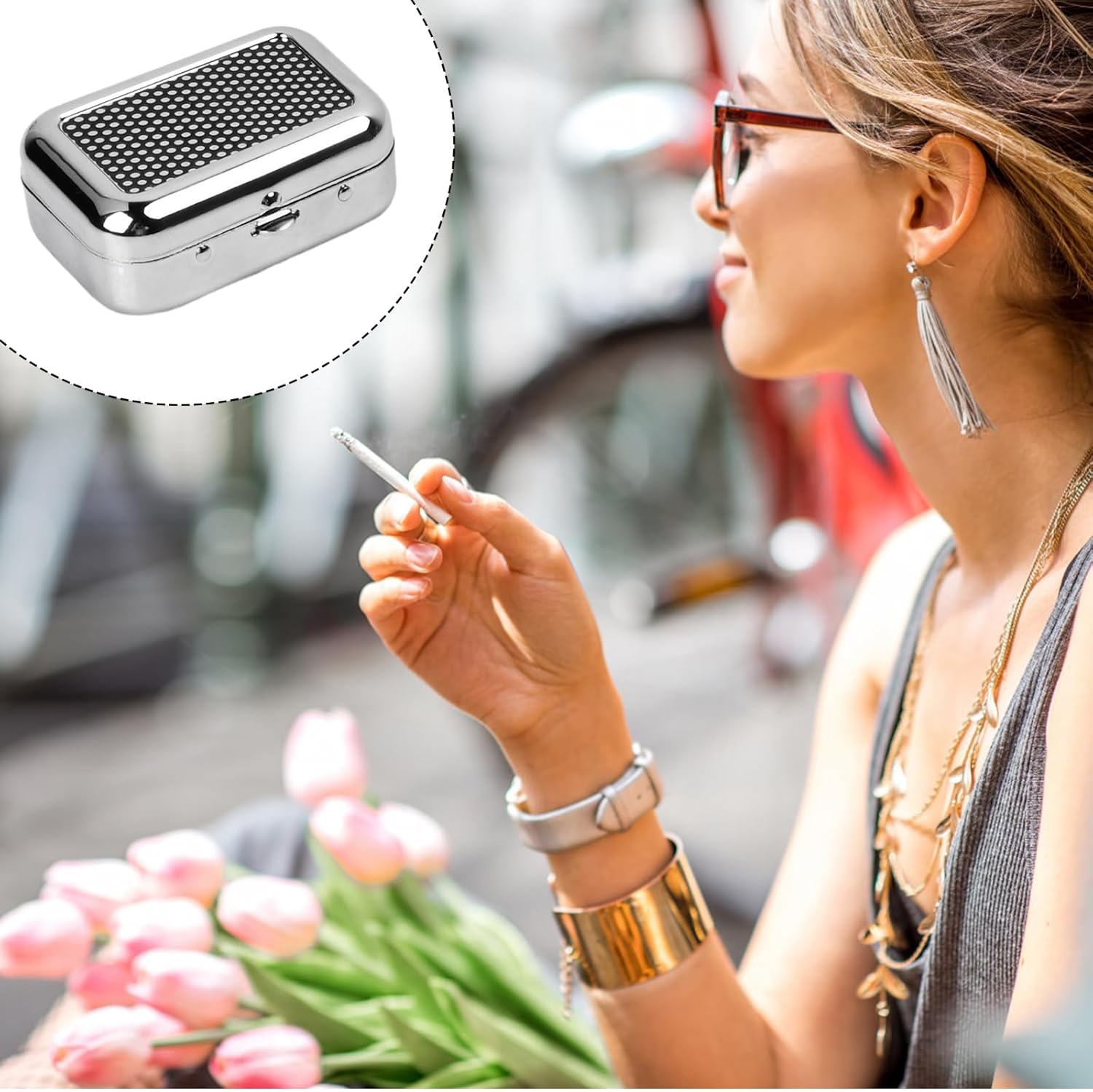 Pocket Ashtray, Portable Mini Ashtray, Stainless Steel Ashtray Windproof Ashtray with lid for Home Office Patio Outdoor Car Travel Camping Picnic Hiking Beach Fishing Cigarette Black