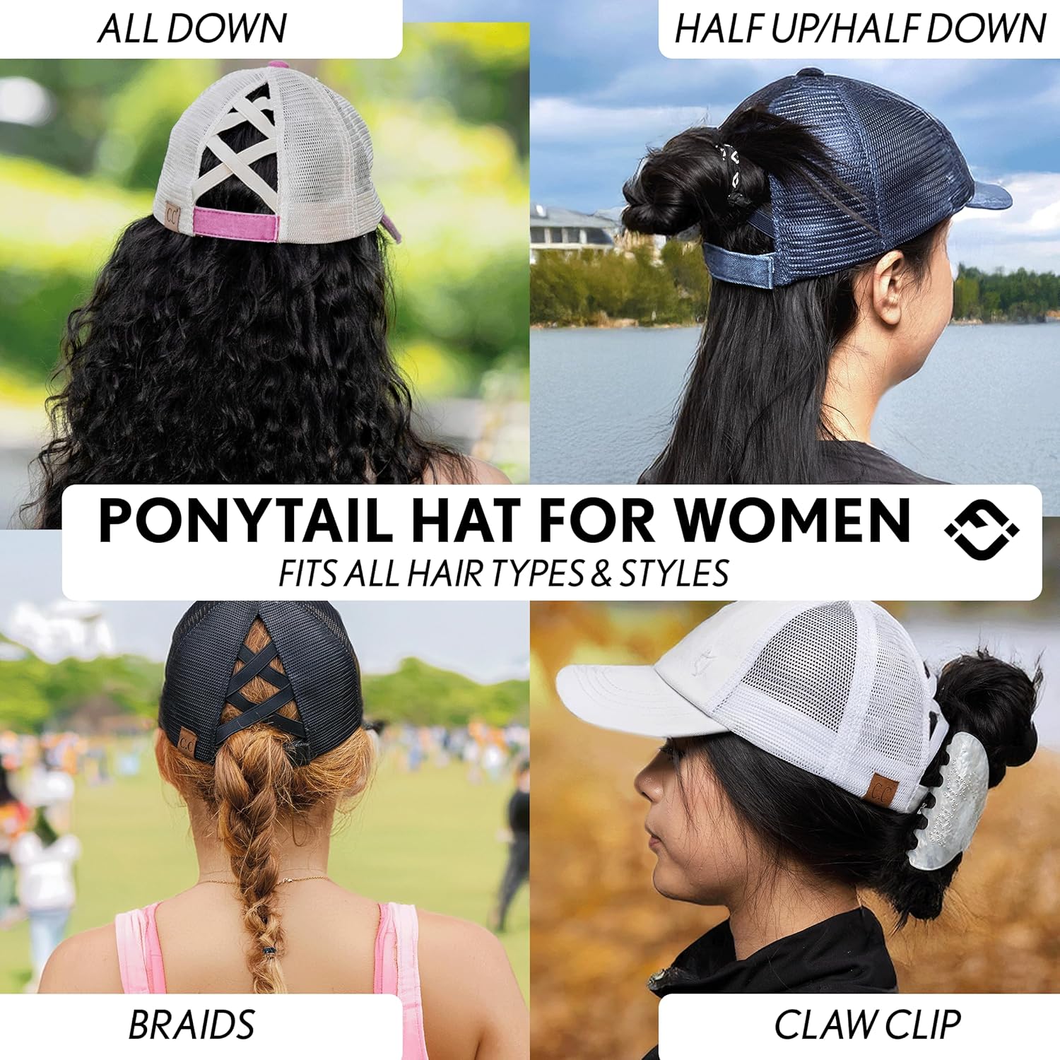Criss Cross Hat Womens Baseball Cap Distressed Ponytail Messy Bun Trucker Ponycap