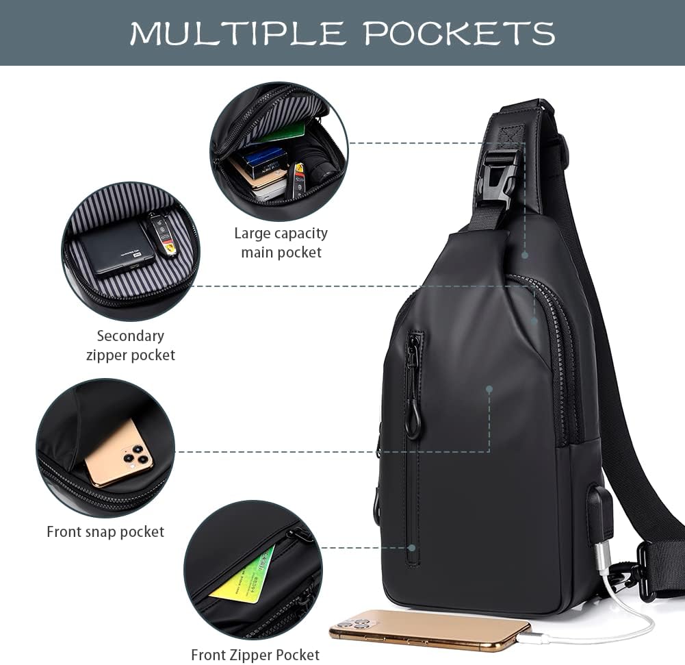 Small Crossbody Sling Backpack Casual Chest Daypack with USB Charger Port Waterproof Outdoor Chest Sling Bag Shoulder Chest Bag Daypack for Women & Men Perfect for Traveling Hiking Cycling