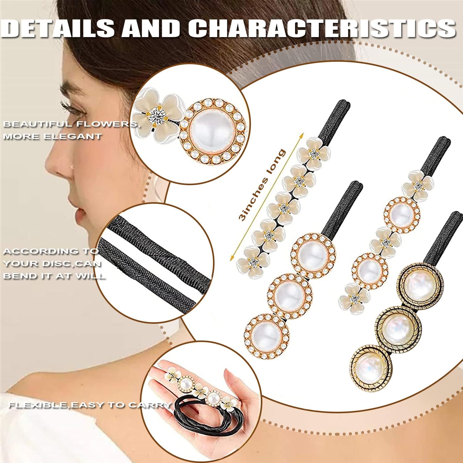 Hair Bun Maker, Deft Bun, 4PCS Women Magic Hair Bun Maker with Peal and Flower, Magic Twist Hairpin Lazy Curler Reusable Bun Hair Accessories for Women Girls,French Twist Hairstyle Donut bun Former Maker Hairstyle Black and white