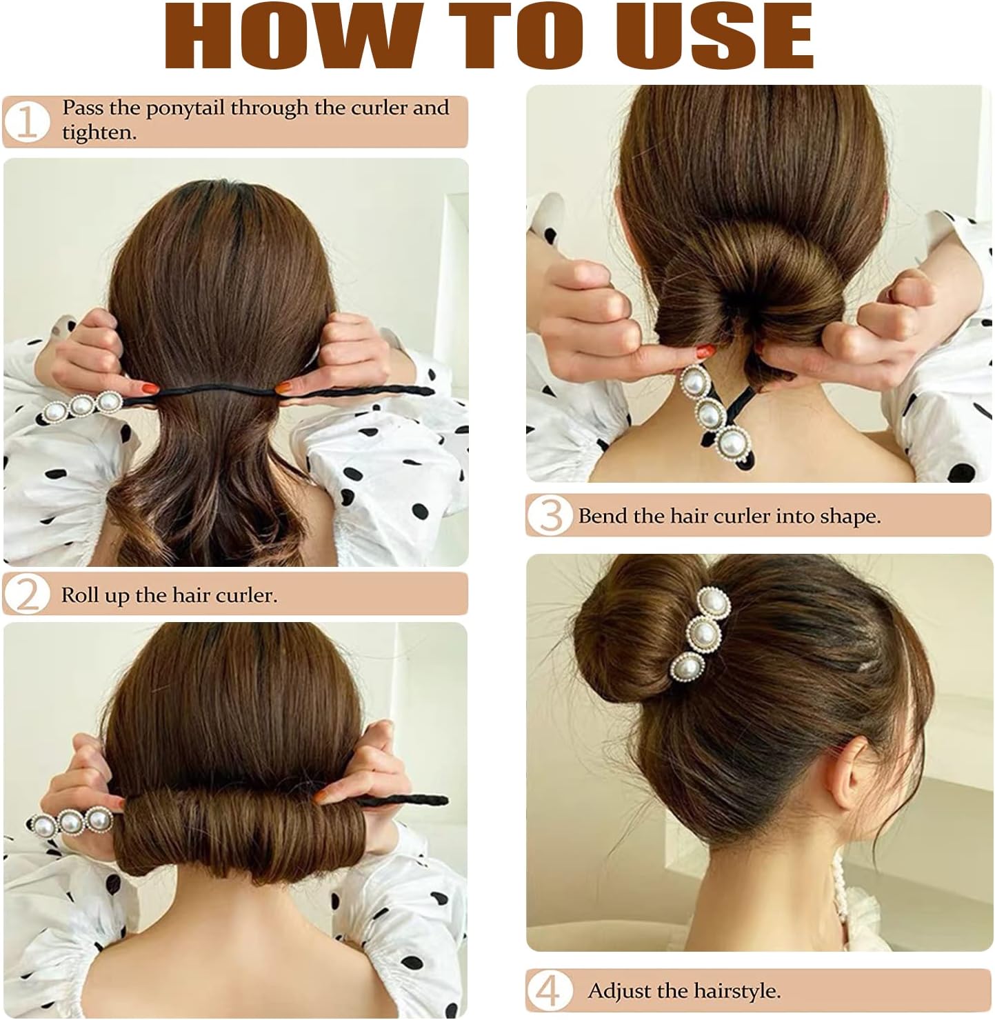 Hair Bun Maker, Deft Bun, 4PCS Women Magic Hair Bun Maker with Peal and Flower, Magic Twist Hairpin Lazy Curler Reusable Bun Hair Accessories for Women Girls,French Twist Hairstyle Donut bun Former Maker Hairstyle Black and white