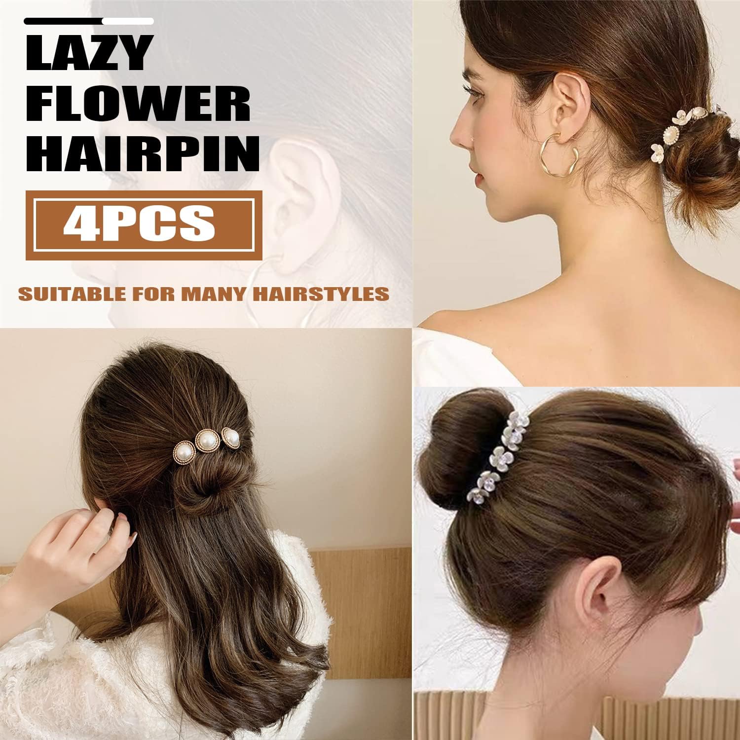Hair Bun Maker, Deft Bun, 4PCS Women Magic Hair Bun Maker with Peal and Flower, Magic Twist Hairpin Lazy Curler Reusable Bun Hair Accessories for Women Girls,French Twist Hairstyle Donut bun Former Maker Hairstyle Black and white