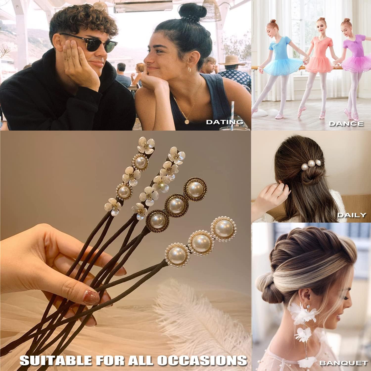 Hair Bun Maker, Deft Bun, 4PCS Women Magic Hair Bun Maker with Peal and Flower, Magic Twist Hairpin Lazy Curler Reusable Bun Hair Accessories for Women Girls,French Twist Hairstyle Donut bun Former Maker Hairstyle Black and white
