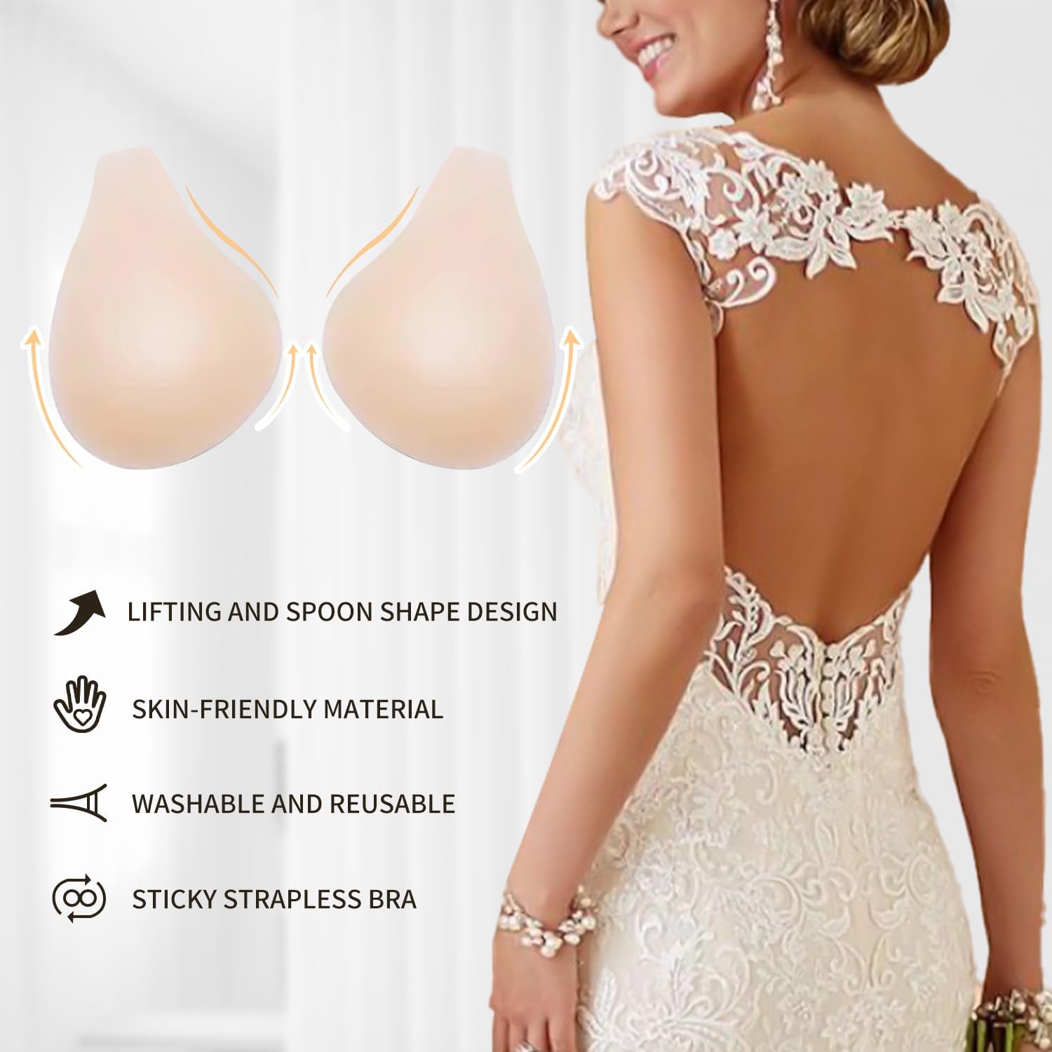 Adhesive Bra, Sticky Bra for Women Breast Lifting Silicone Bra Self Adhesive Invisible Bra Strapless Push Up Bra Nude, Nude, Medium