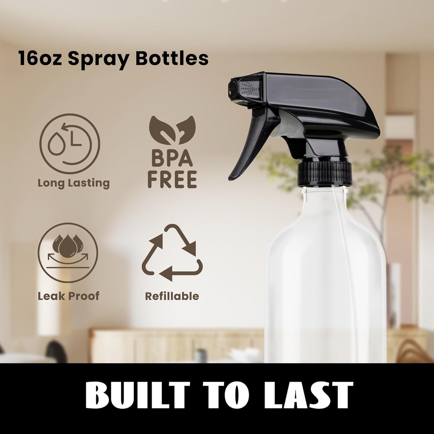 Plastic Spray Bottles 3 Pack, Refillable 16 oz Empty Spray Bottle for Cleaning Solution, Durable and Powerful Nozzle, Spray Bottles for Hair, Plants, Cleaner, Oil
