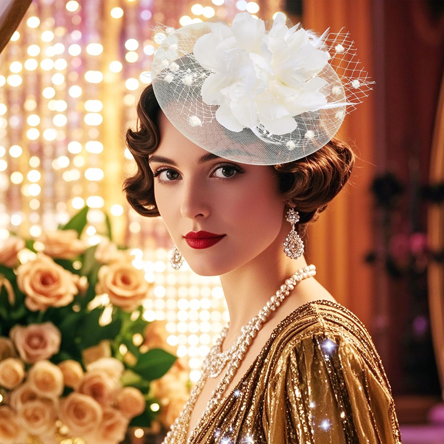 20s Fascinators Hat for Women Tea Party Headpiece Mesh Feathers Hair Clip for Bridal Wedding