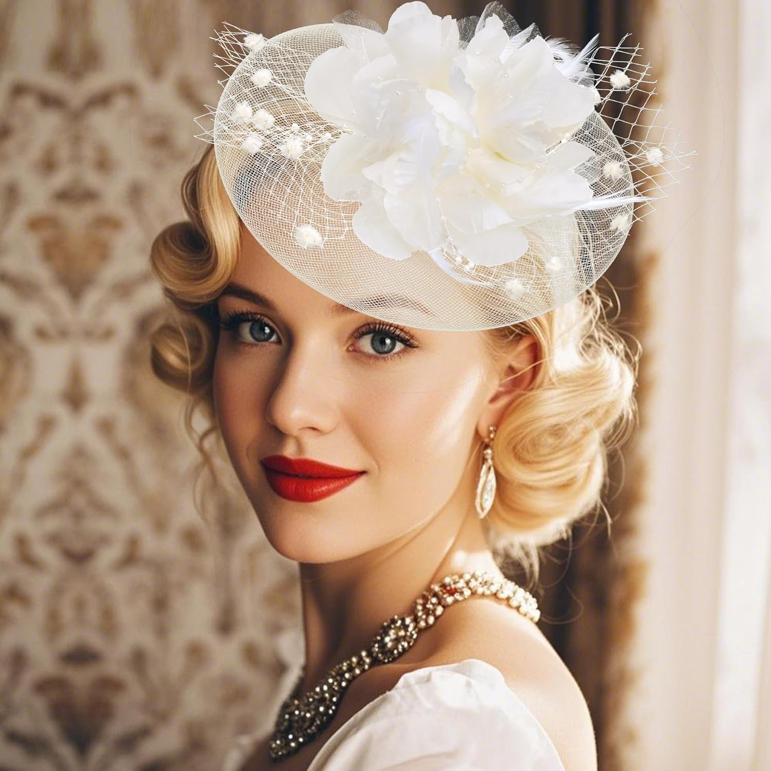 20s Fascinators Hat for Women Tea Party Headpiece Mesh Feathers Hair Clip for Bridal Wedding