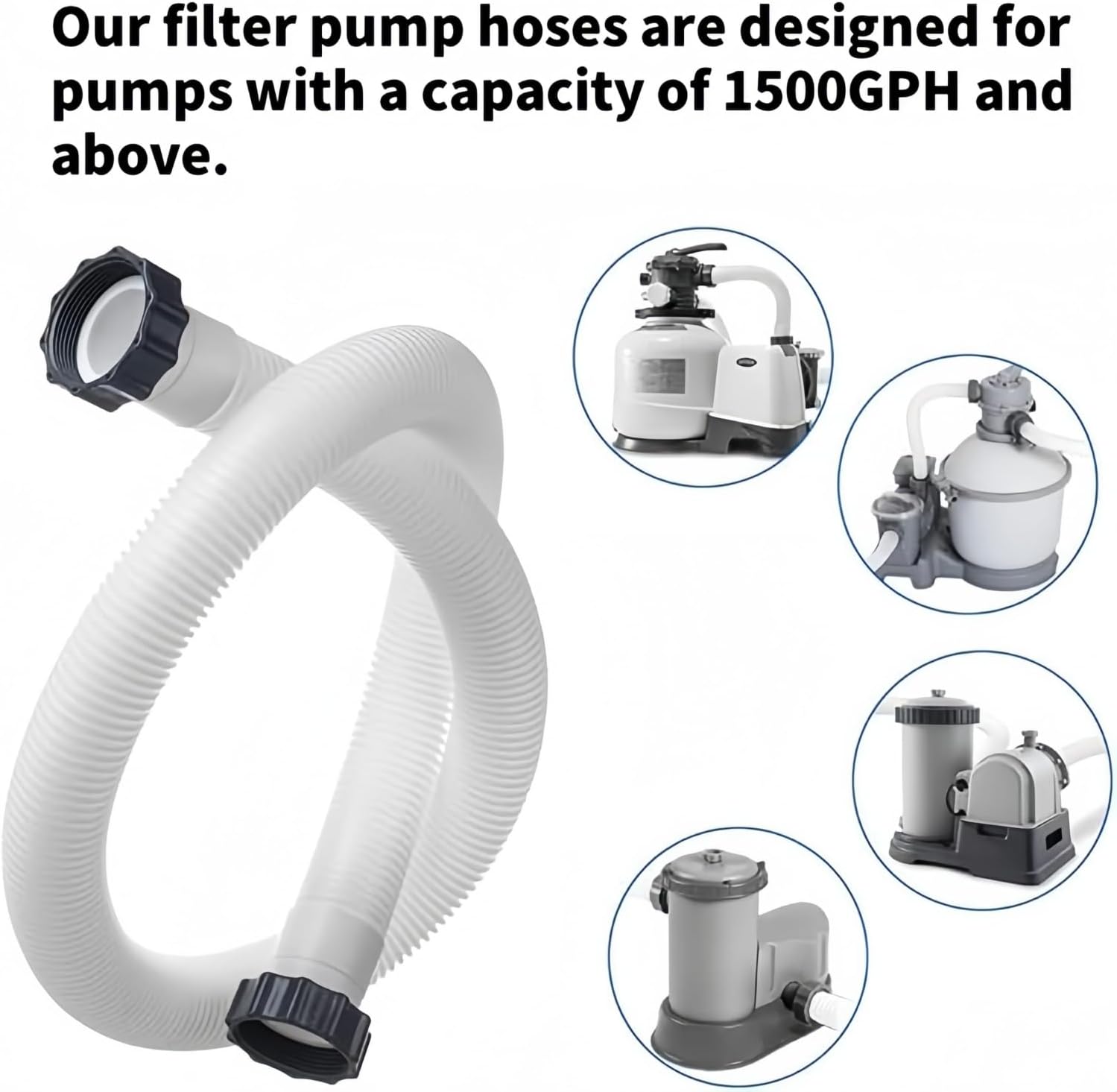 1.5" Diameter Pool Pump Replacement Hose Compatible with Intex 1500-2500 GPH Pumps, Sand Filters & Saltwater Systems Heavy-Duty 59" Garden Hose for Above Ground Pools 1-Pack