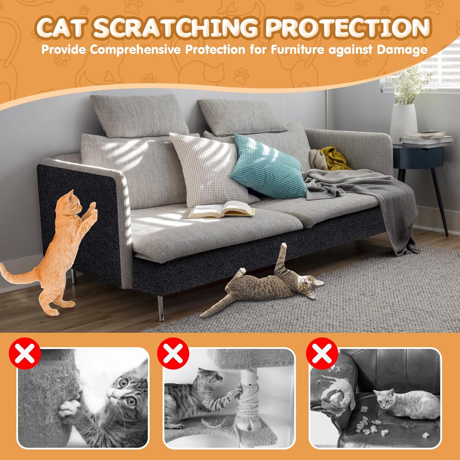 78.7"x15.8" Cat Scratching Mat - Trimmable Self Adhesive DIY Climbing Cat Scratcher Pad Replacement for Cat Tree Shelves and Post Cat Scratch Furniture Light Grey
