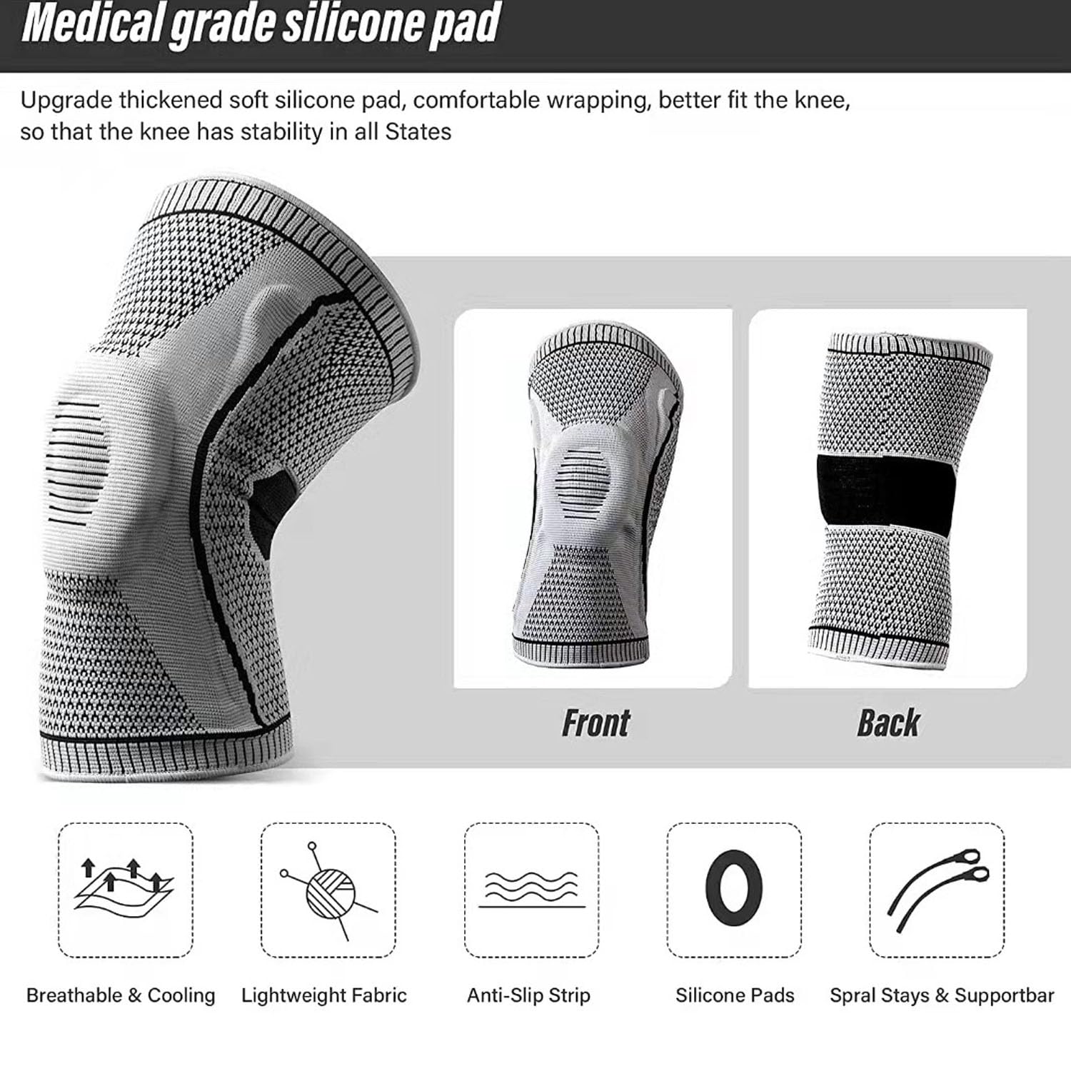 Flexa Knee Sleeve Elite - For Knee Pain | Compression Sleeve With Side Stabilizers, Arthritis & Injury Relief | Men & Women’S Knee Brace For Sports, Running & Meniscus Tears 2, Grey Medium