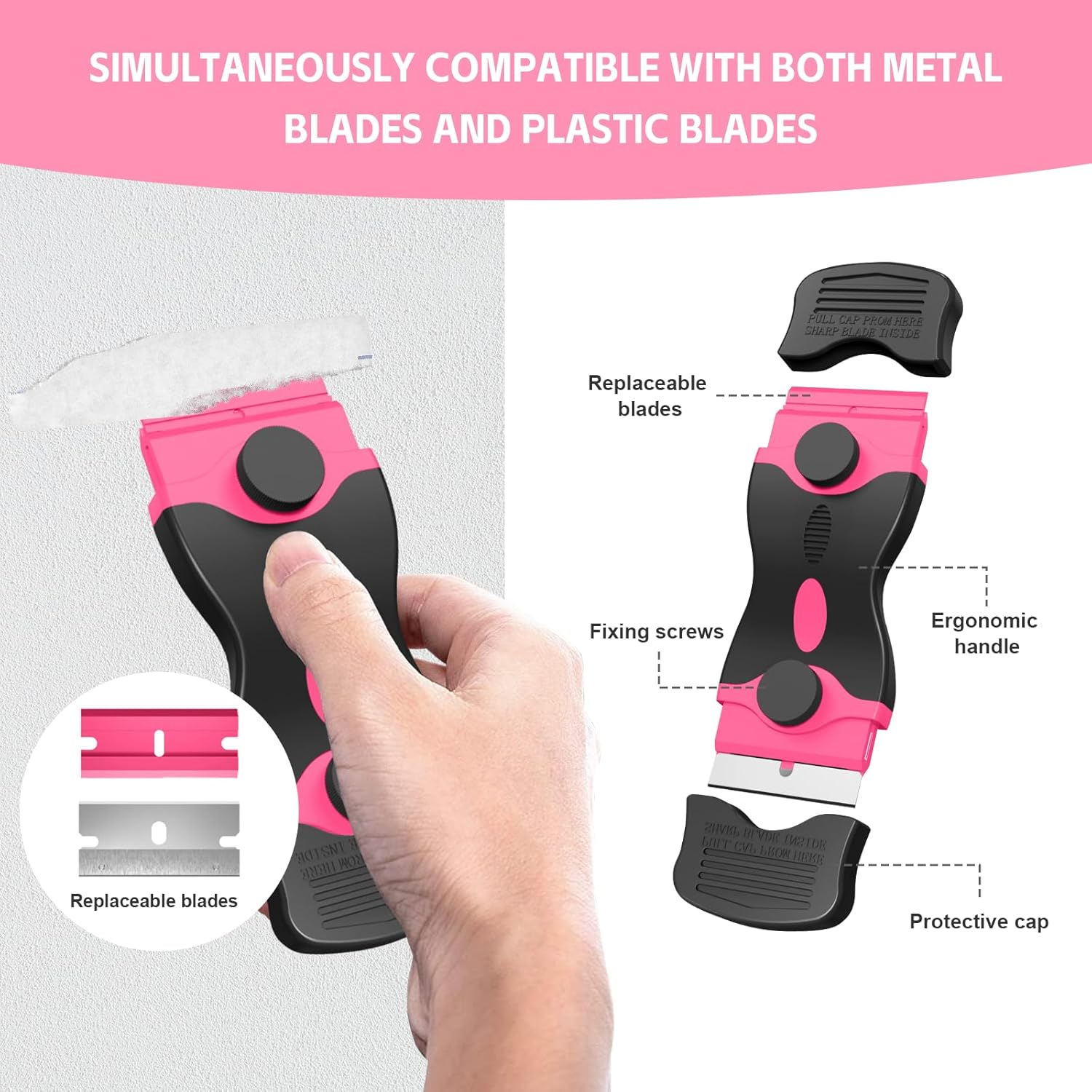 3 Pack Razor Blade Scraper Set, Includes 30 Plastic & 30 Metal Blades, Multi-Purpose Tool for Glass, Cooktop, Sticker Removal, Paint & Gum Cleaning Pink