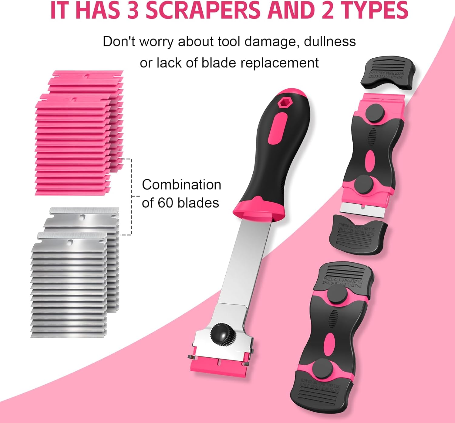 3 Pack Razor Blade Scraper Set, Includes 30 Plastic & 30 Metal Blades, Multi-Purpose Tool for Glass, Cooktop, Sticker Removal, Paint & Gum Cleaning Pink
