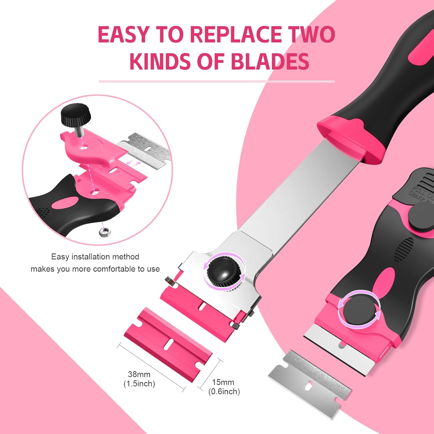 3 Pack Razor Blade Scraper Set, Includes 30 Plastic & 30 Metal Blades, Multi-Purpose Tool for Glass, Cooktop, Sticker Removal, Paint & Gum Cleaning Pink