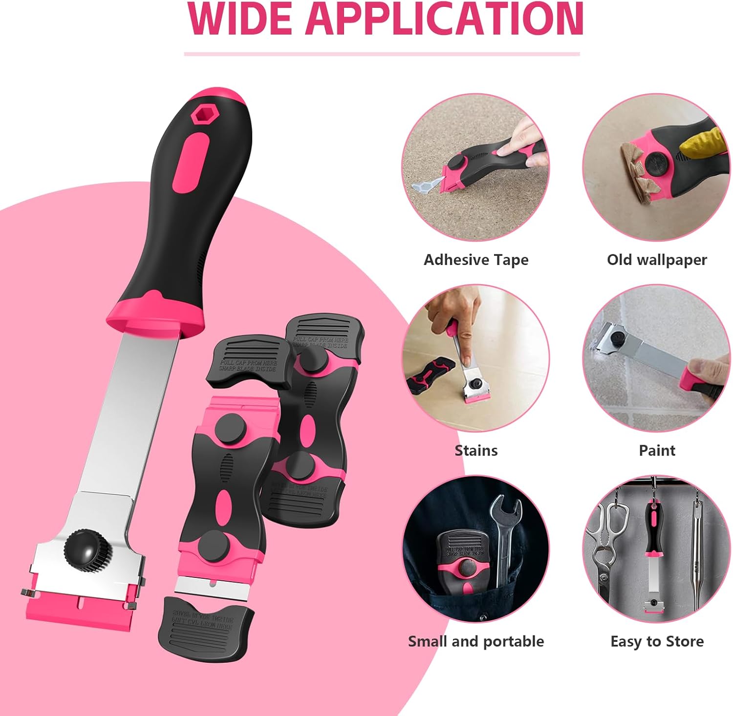 3 Pack Razor Blade Scraper Set, Includes 30 Plastic & 30 Metal Blades, Multi-Purpose Tool for Glass, Cooktop, Sticker Removal, Paint & Gum Cleaning Pink