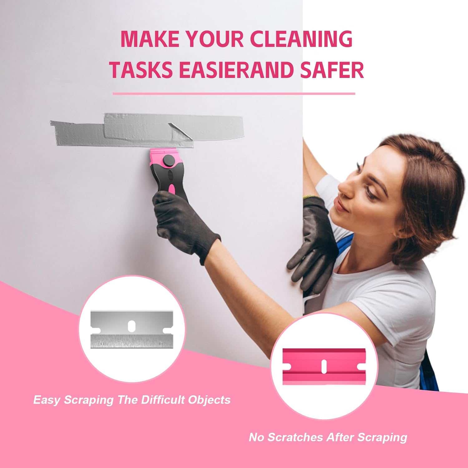 3 Pack Razor Blade Scraper Set, Includes 30 Plastic & 30 Metal Blades, Multi-Purpose Tool for Glass, Cooktop, Sticker Removal, Paint & Gum Cleaning Pink