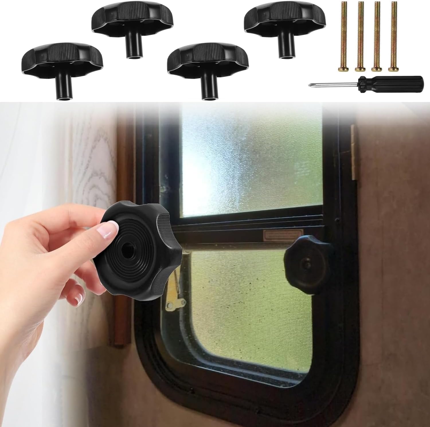 4 Pack RV Window Crank Replacement & Vent Knob, Camper Trailer Window Hardware Accessories 1" Shaft, 2-1/4" Diameter with Screws & Screwdriver, Interior RV Parts. 4