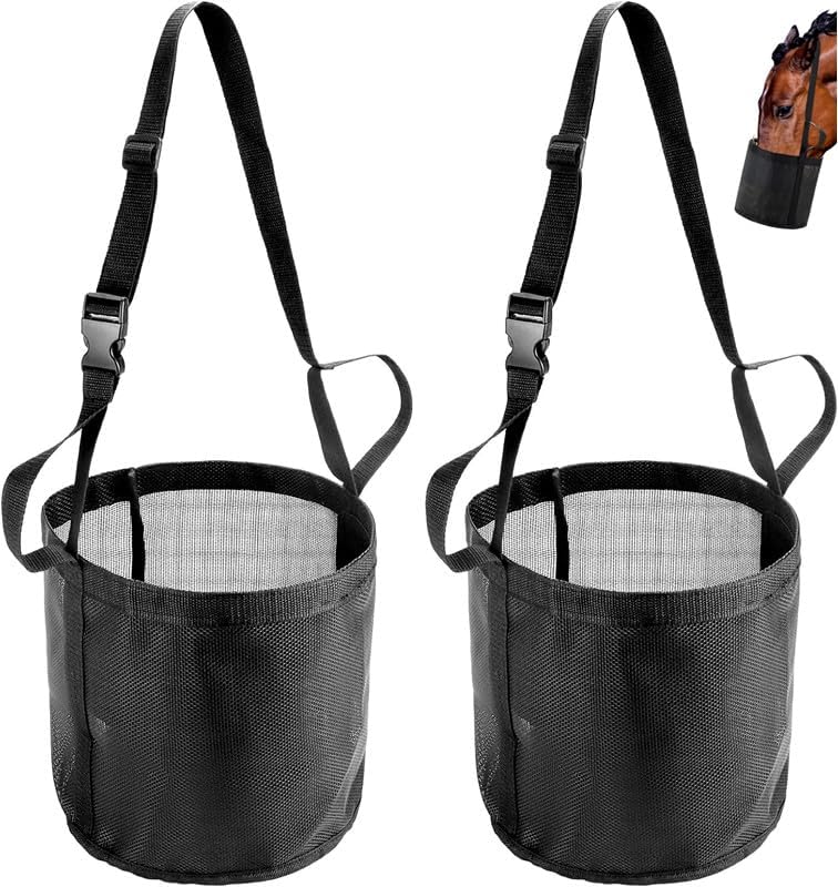 Comfort Breathable Horse Feed Bag, Mesh Feed Bucket, Mesh Designed Feeding Bag with Adjustable Strap and Waterproof Bottom, Horse Feeder Bag Storage, for Horse Feeding Supplies Muzzle Feed 2 Black
