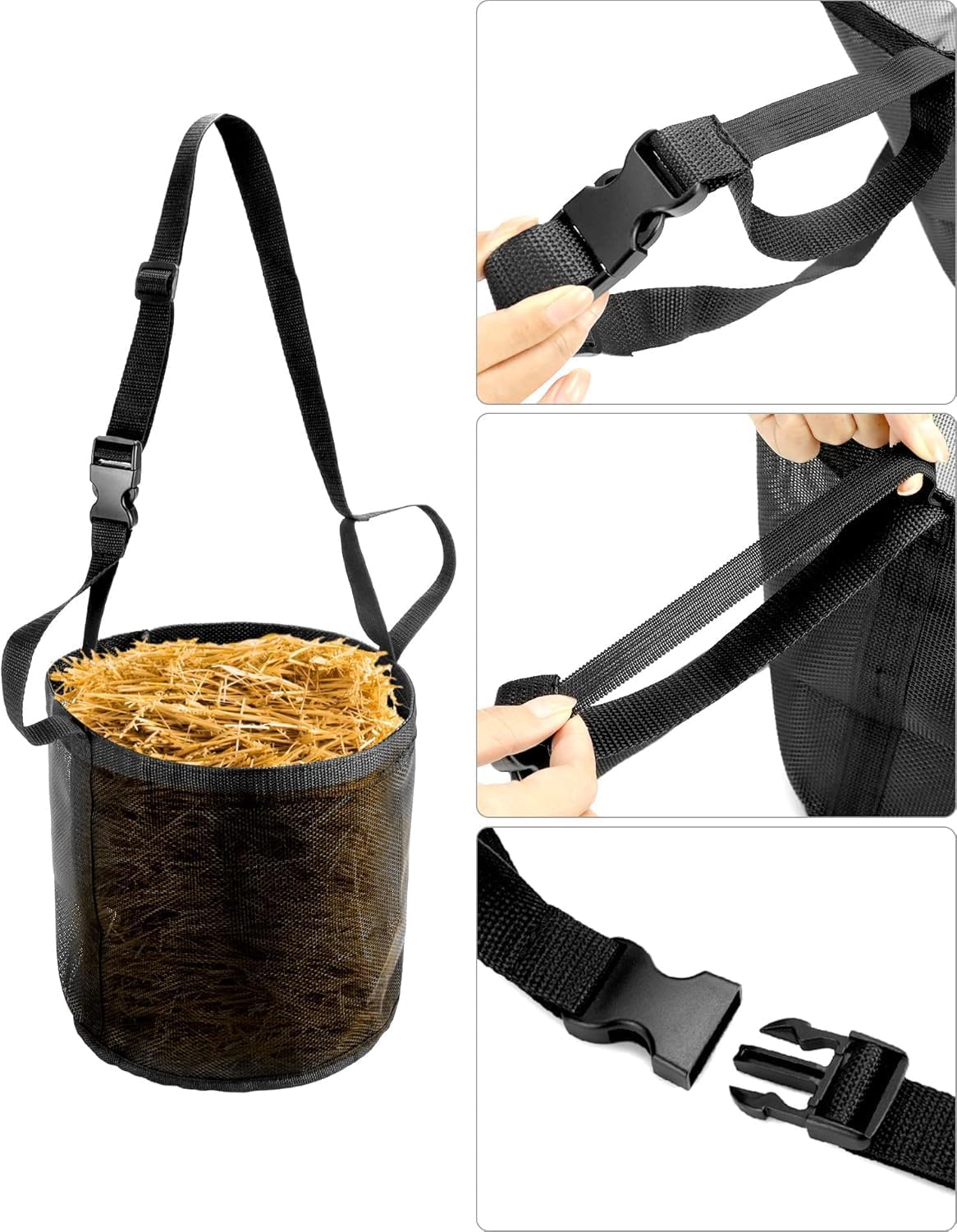 Comfort Breathable Horse Feed Bag, Mesh Feed Bucket, Mesh Designed Feeding Bag with Adjustable Strap and Waterproof Bottom, Horse Feeder Bag Storage, for Horse Feeding Supplies Muzzle Feed 2 Black