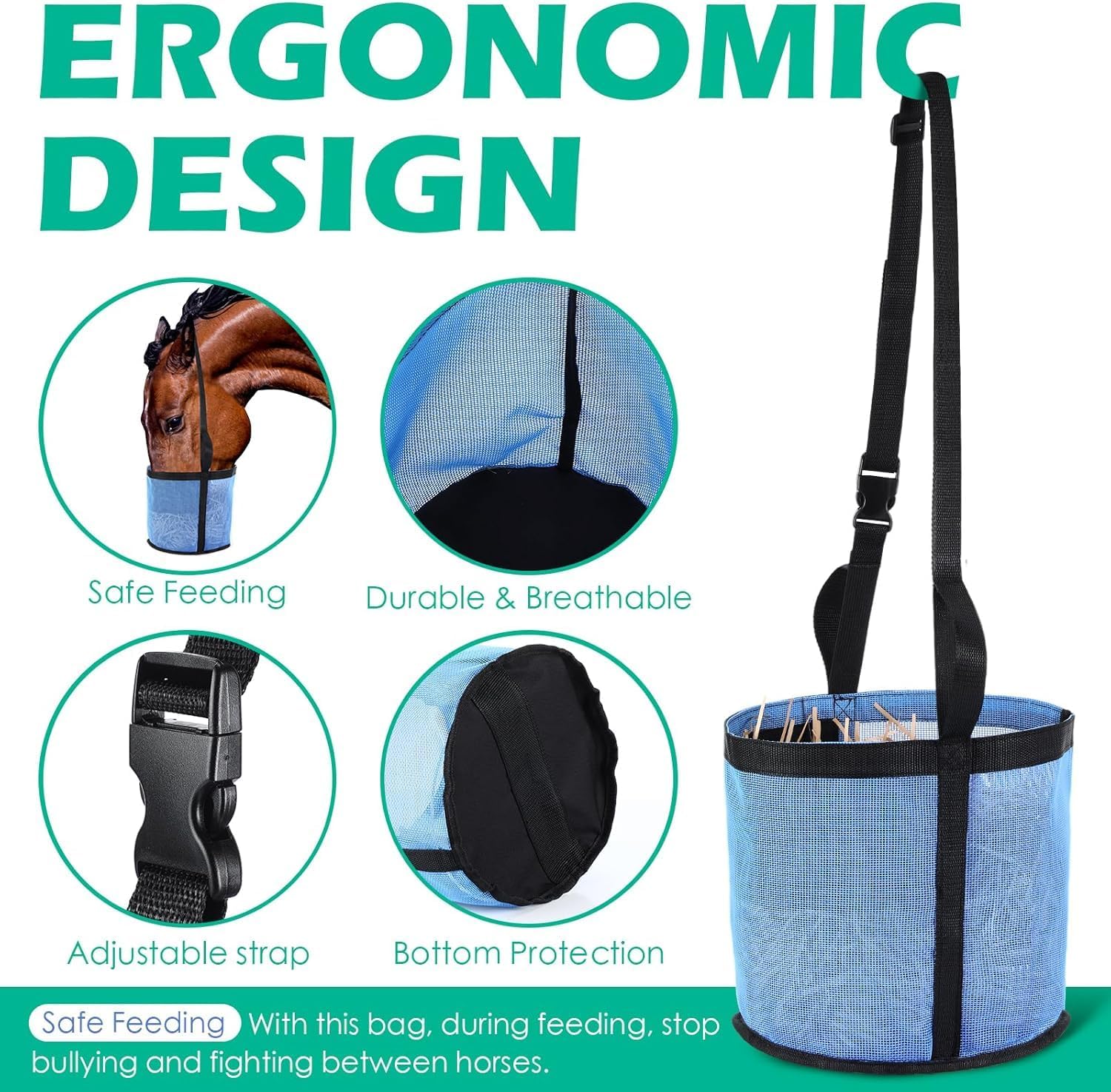Comfort Breathable Horse Feed Bag, Mesh Feed Bucket, Mesh Designed Feeding Bag with Adjustable Strap and Waterproof Bottom, Horse Feeder Bag Storage, for Horse Feeding Supplies Muzzle Feed 2 Black