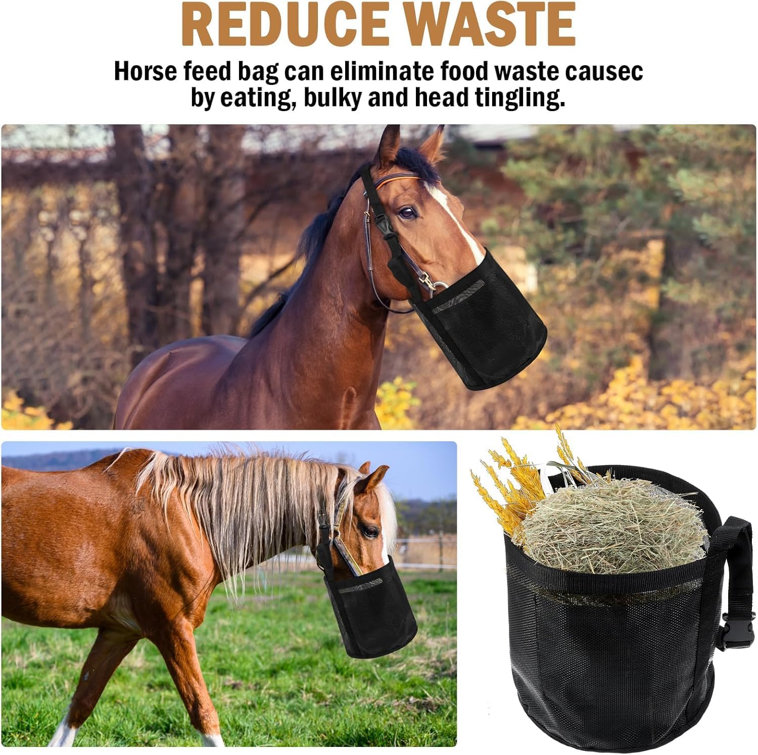 Comfort Breathable Horse Feed Bag, Mesh Feed Bucket, Mesh Designed Feeding Bag with Adjustable Strap and Waterproof Bottom, Horse Feeder Bag Storage, for Horse Feeding Supplies Muzzle Feed 2 Black
