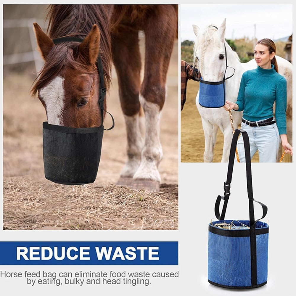 Comfort Breathable Horse Feed Bag, Mesh Feed Bucket, Mesh Designed Feeding Bag with Adjustable Strap and Waterproof Bottom, Horse Feeder Bag Storage, for Horse Feeding Supplies Muzzle Feed 2 Black