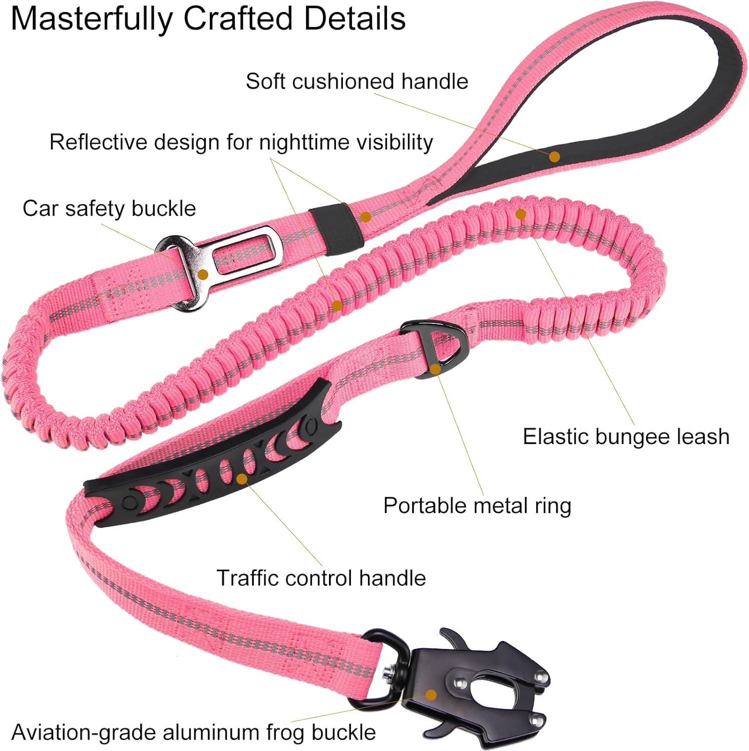 Tactical Bungee Dog Leash - Pink Heavy Duty Leash for Large Dogs with Reflective Stitching, 2 Handles, Seatbelt Clip, 4-6FT