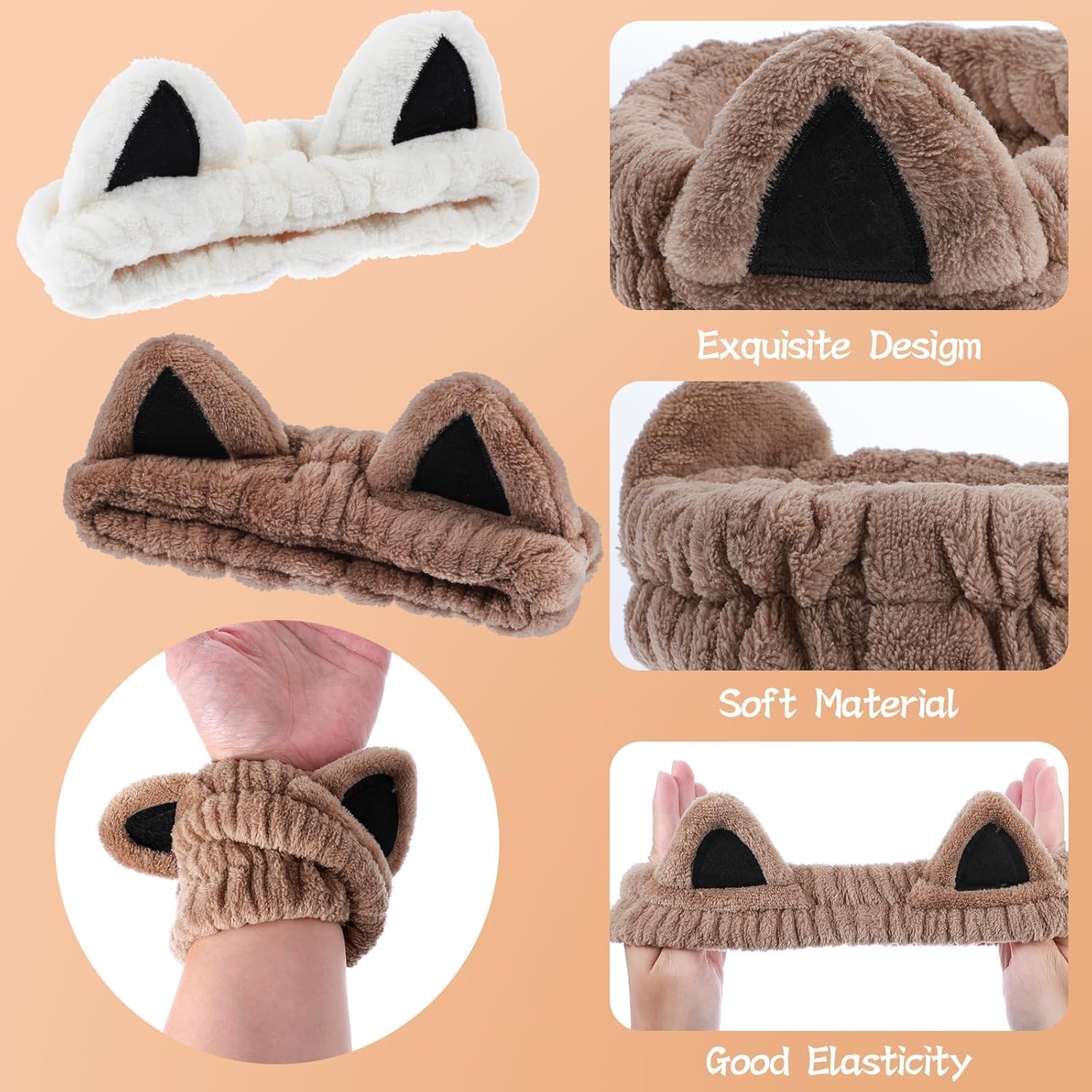 2Pcs Cat Ears Spa Headbands for Washing Face Makeup Skincare, Soft Coral Fleece Facial Wash Hair Accessories, Cute Animal Elastic Headband, Fuzzy Cartoon Hair Bands, Hairs Holder for Women