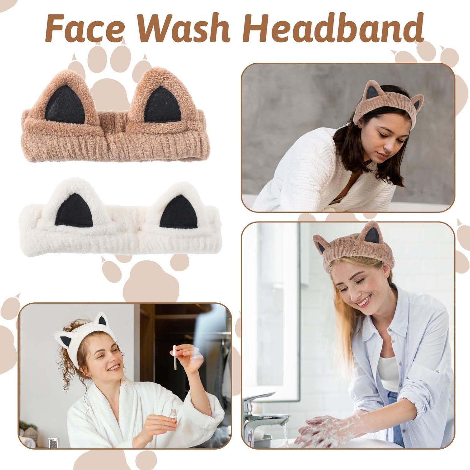 2Pcs Cat Ears Spa Headbands for Washing Face Makeup Skincare, Soft Coral Fleece Facial Wash Hair Accessories, Cute Animal Elastic Headband, Fuzzy Cartoon Hair Bands, Hairs Holder for Women