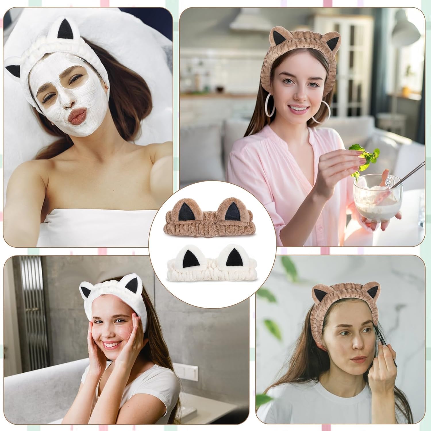 2Pcs Cat Ears Spa Headbands for Washing Face Makeup Skincare, Soft Coral Fleece Facial Wash Hair Accessories, Cute Animal Elastic Headband, Fuzzy Cartoon Hair Bands, Hairs Holder for Women