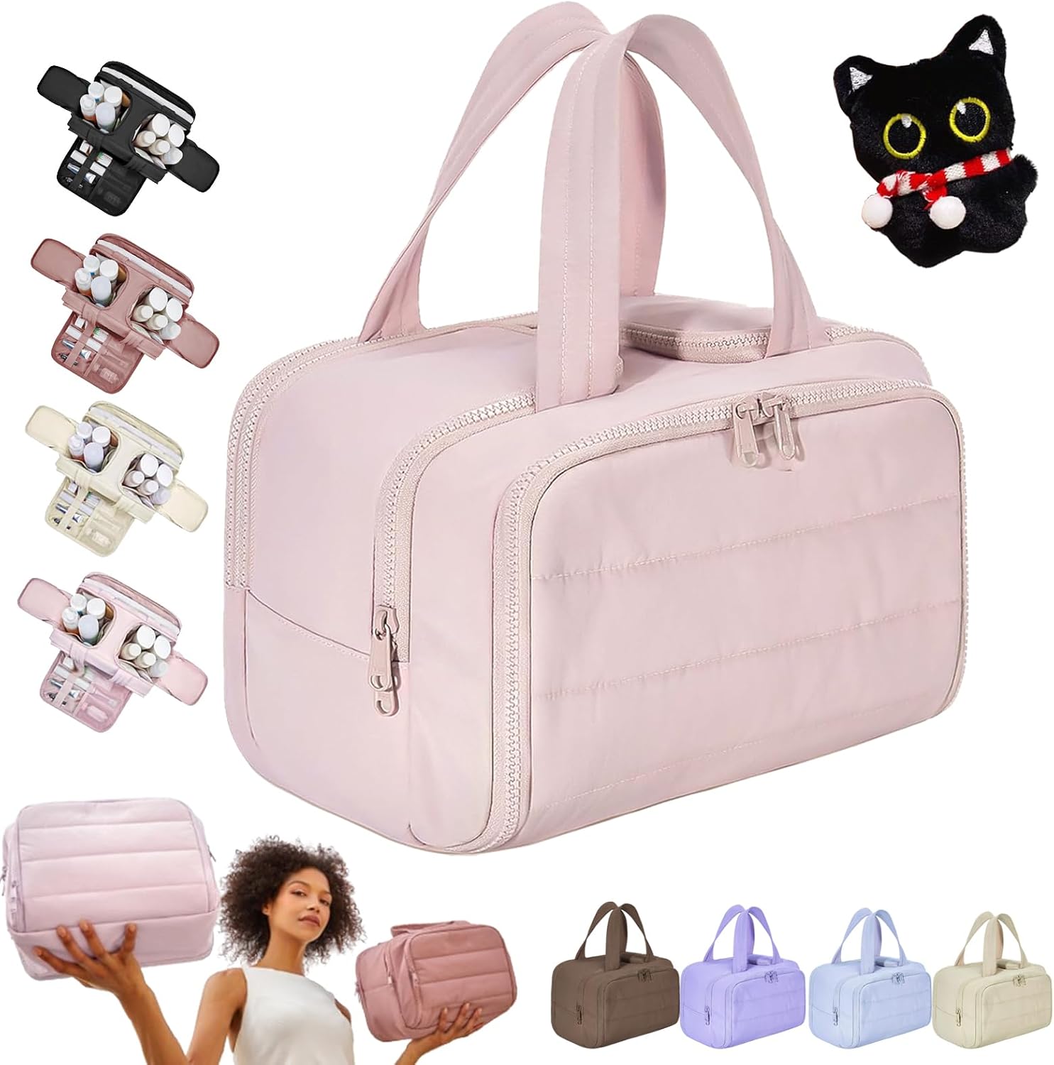 Elouva Toiletry Bag, Elouva Large Capacity Wide-Open Travel Cosmetic Bag, 0.6lb Lightweight Toiletry Bag for Women, Waterproof & Wide Opening Toiletry Organizer for Traveling, Toiletries Pink