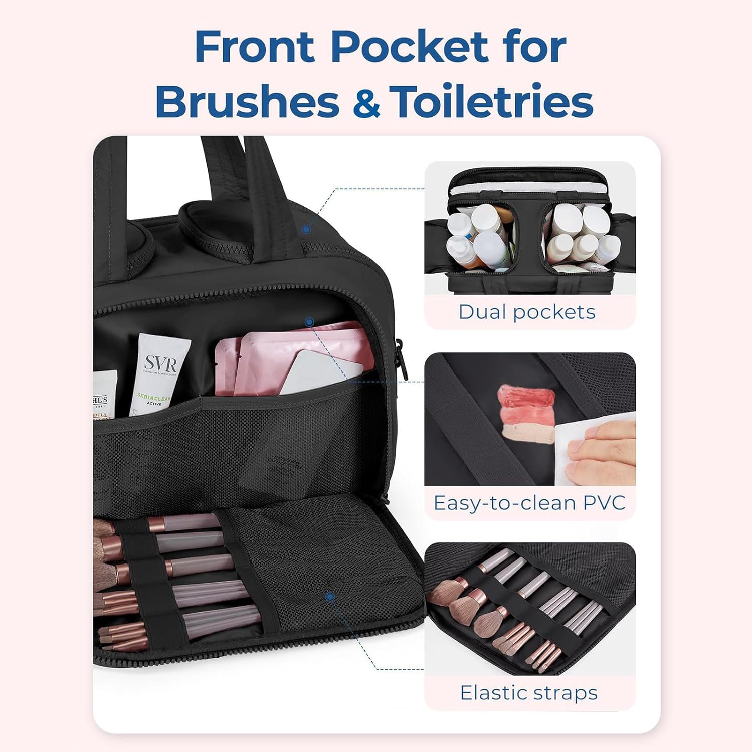 Elouva Toiletry Bag, Elouva Large Capacity Wide-Open Travel Cosmetic Bag, 0.6lb Lightweight Toiletry Bag for Women, Waterproof & Wide Opening Toiletry Organizer for Traveling, Toiletries Pink