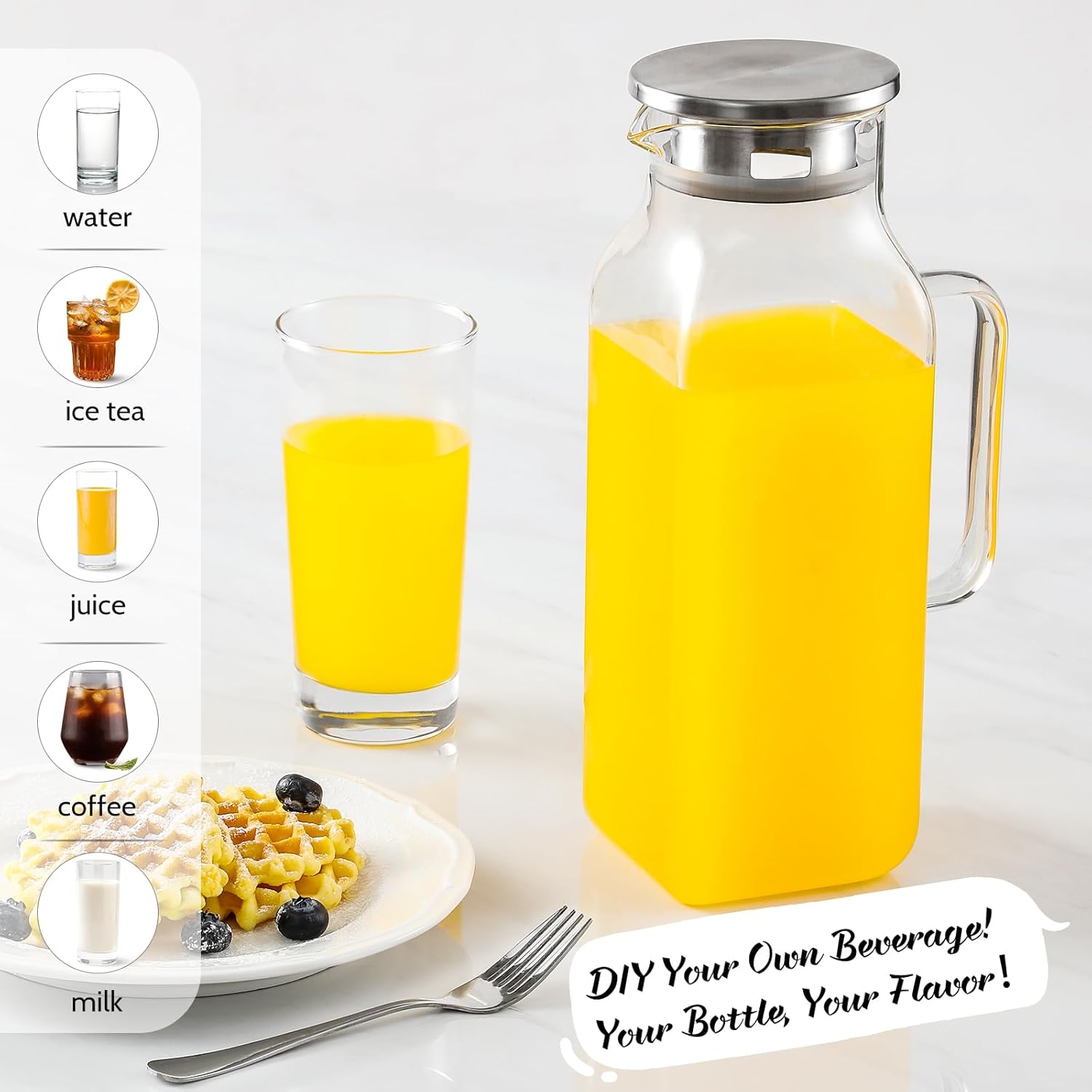 2 Quart 2 Liter 68 oz Square Glass Pitcher with Lid and Spout, Water Pitchers Handle for Fridge, Borosilicate Carafe Hot/Cold Drink, Large Jug Iced Tea, Coffee,Juice,Milk,Beverage Clear 67.6 Ounces