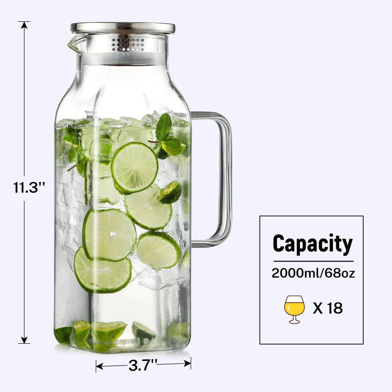 2 Quart 2 Liter 68 oz Square Glass Pitcher with Lid and Spout, Water Pitchers Handle for Fridge, Borosilicate Carafe Hot/Cold Drink, Large Jug Iced Tea, Coffee,Juice,Milk,Beverage Clear 67.6 Ounces