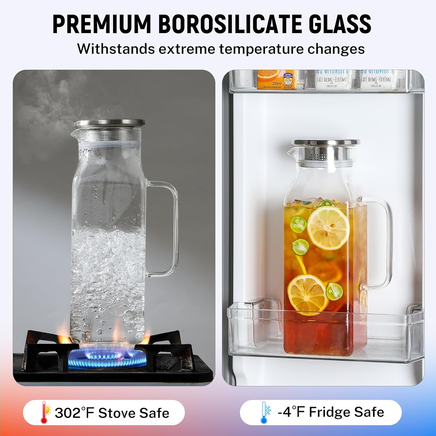 2 Quart 2 Liter 68 oz Square Glass Pitcher with Lid and Spout, Water Pitchers Handle for Fridge, Borosilicate Carafe Hot/Cold Drink, Large Jug Iced Tea, Coffee,Juice,Milk,Beverage Clear 67.6 Ounces