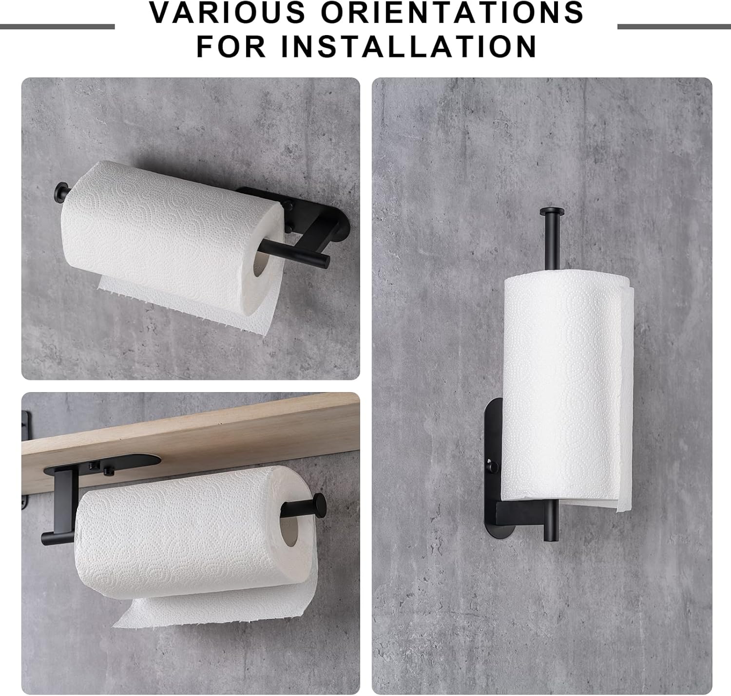 Paper Towel Holder, Upgrade SUS304 Stainless Steel Holder Under Cabinet, Bend-Resistant, Self-Adhesive or Drill mounting Black Black -