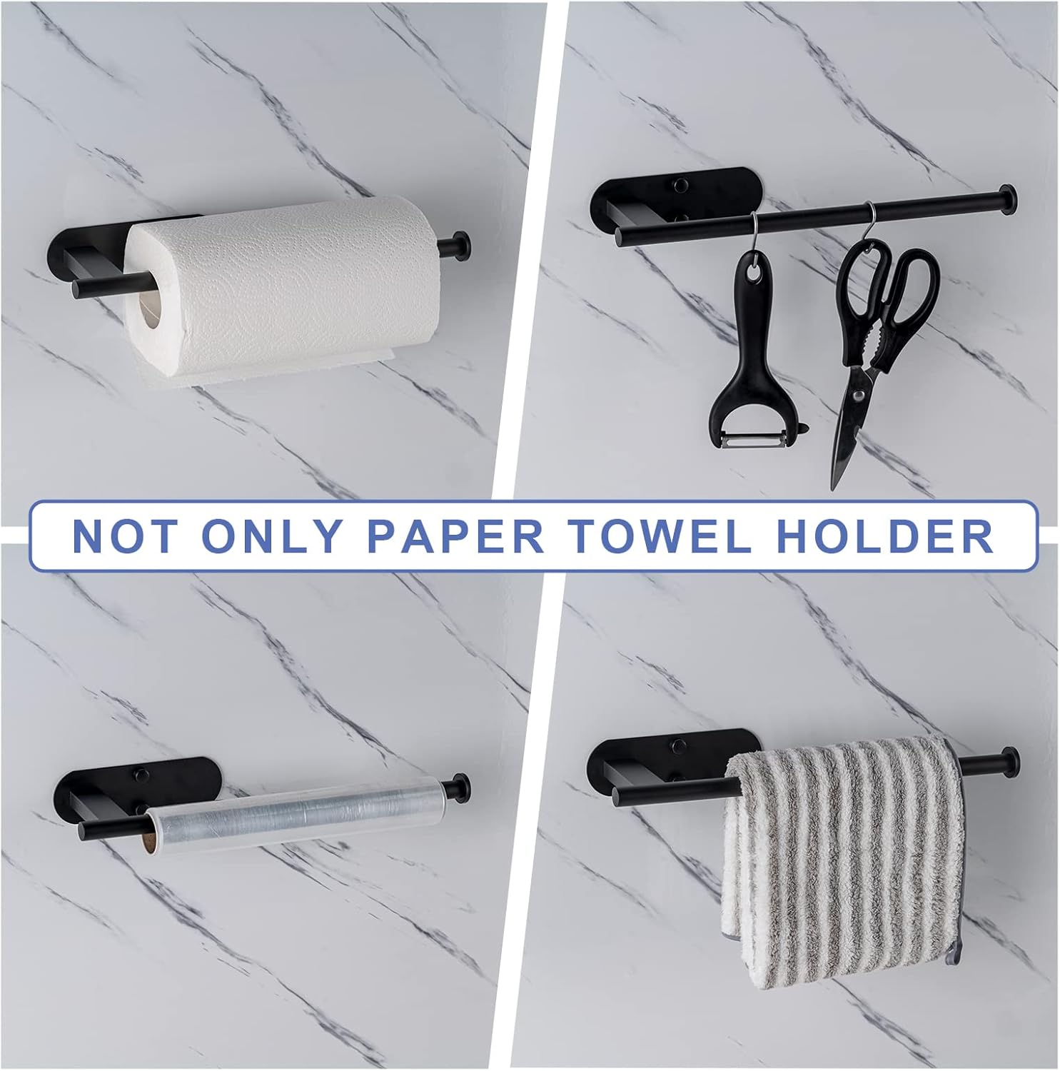 Paper Towel Holder, Upgrade SUS304 Stainless Steel Holder Under Cabinet, Bend-Resistant, Self-Adhesive or Drill mounting Black Black -