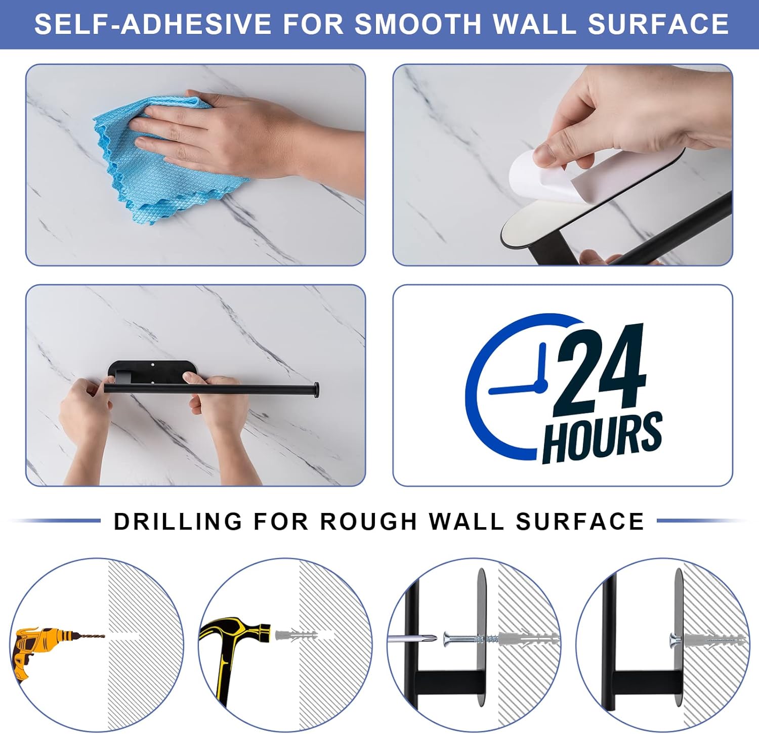Paper Towel Holder, Upgrade SUS304 Stainless Steel Holder Under Cabinet, Bend-Resistant, Self-Adhesive or Drill mounting Black Black -