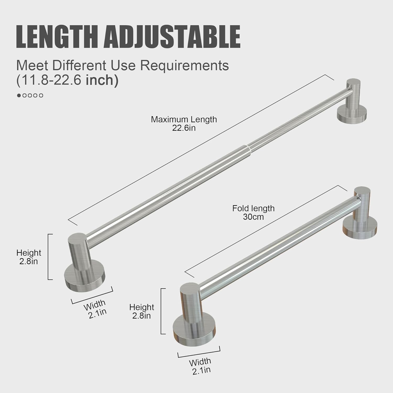 Towel Bar - Adjustable 304 Stainless Steel Holder for Bathroom 11.8inch-22.6inch Sturdy and Rustproof Wall Mounted Rack Accessories, Silver… Silver
